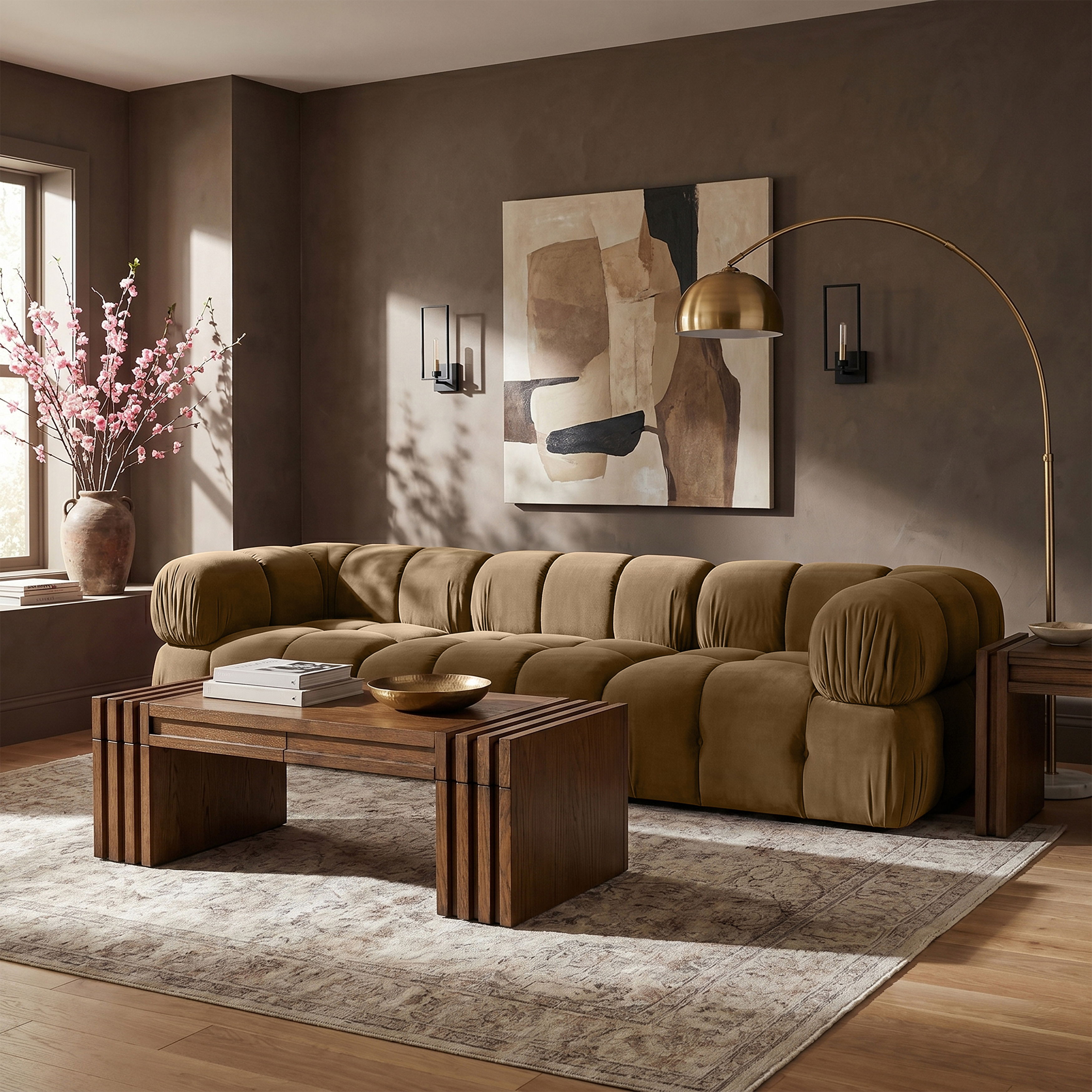 Orin - Velvet Performance Fabric Upholstered 3 pc. Modular Sofa - Saddle