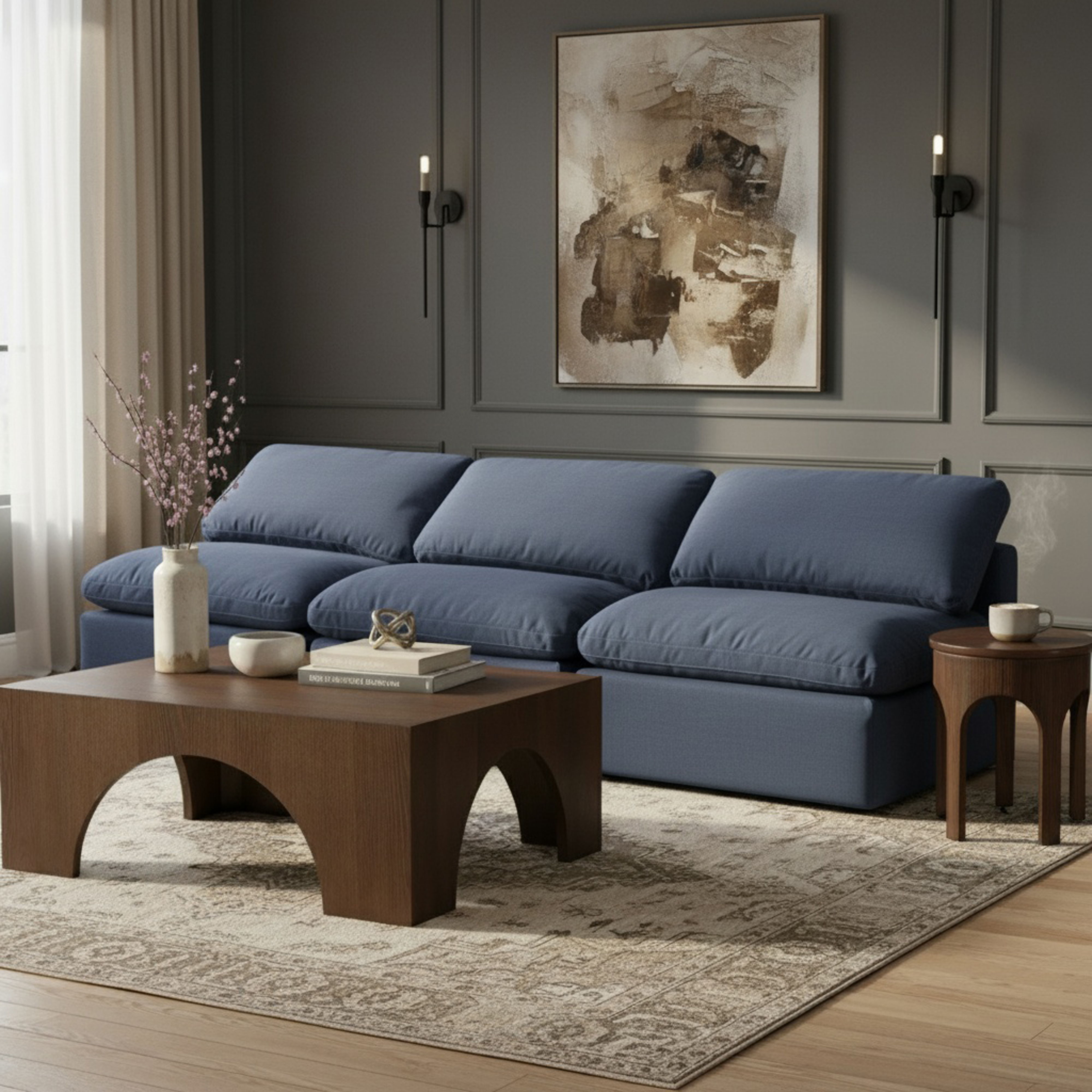 Indulge - Linen 3 Piece Modular Armless Sofa - Navy
