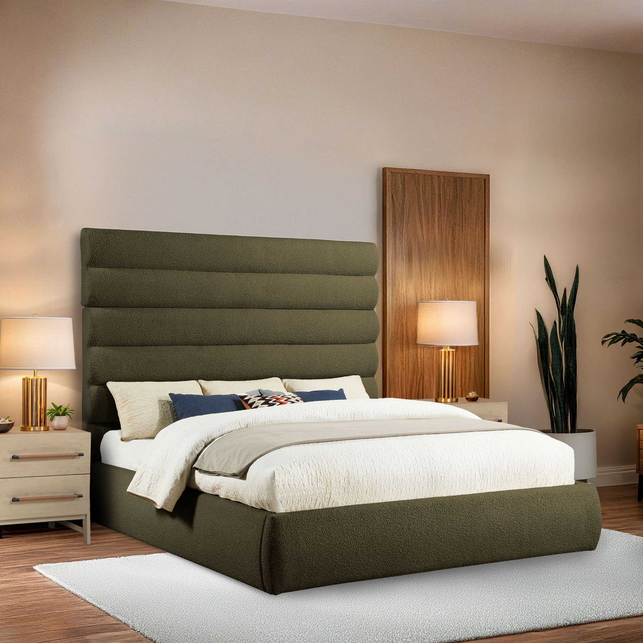 Adam - Boucle Fabric King Bed With 70.5" Headboard - Olive