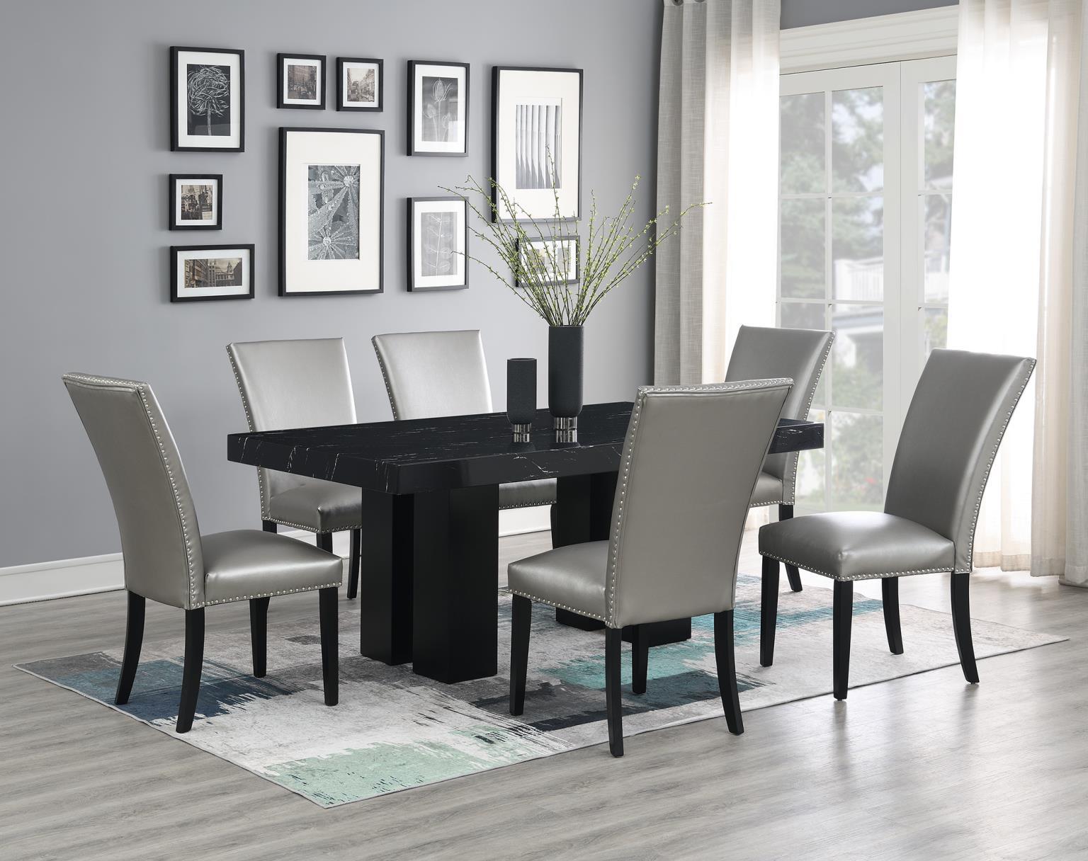 D133 - 7 Piece Dining Room Set (Table, 6 Faux Leather Chairs) - Shimmer Silver