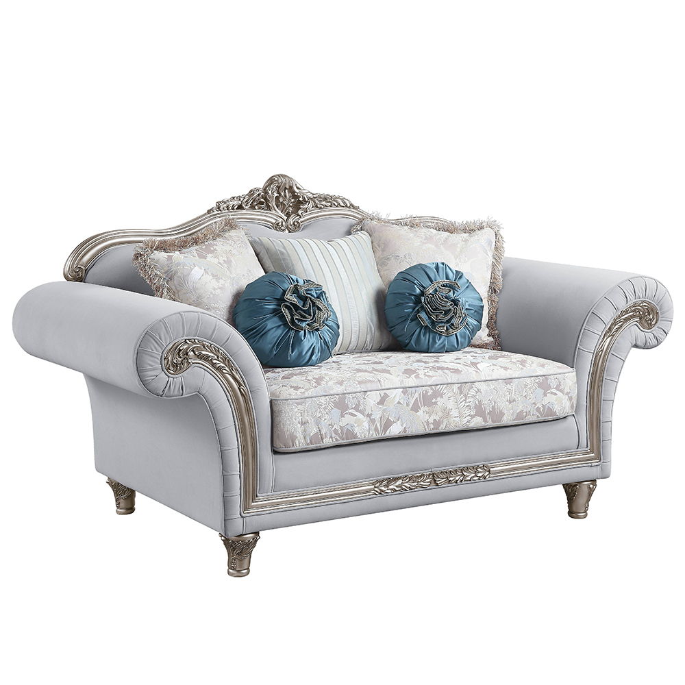 Pelumi - Loveseat With 5 Pillows - Light Gray Linen & Platinum, light gray
