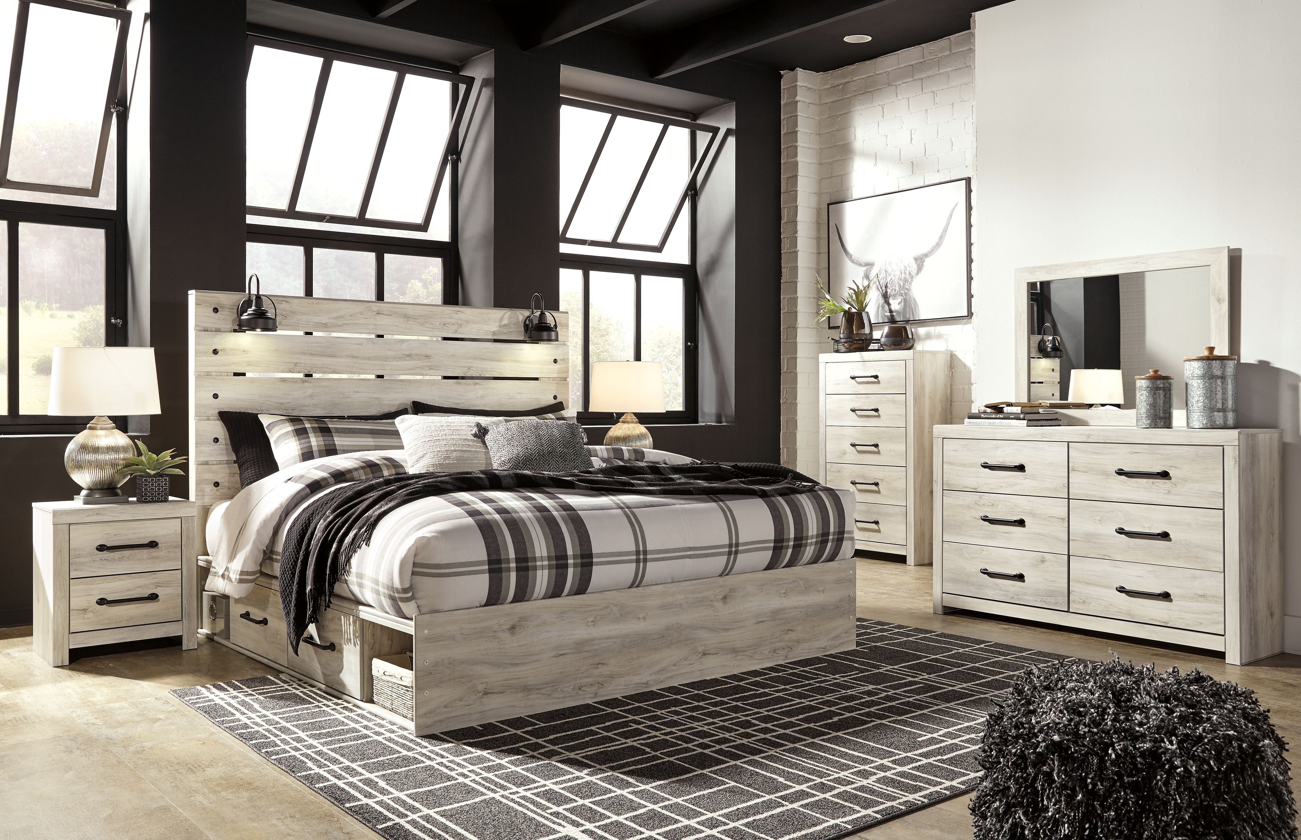 King · 6 Pc · Dresser, Mirror, King Panel Bed with Side Storage Drawers