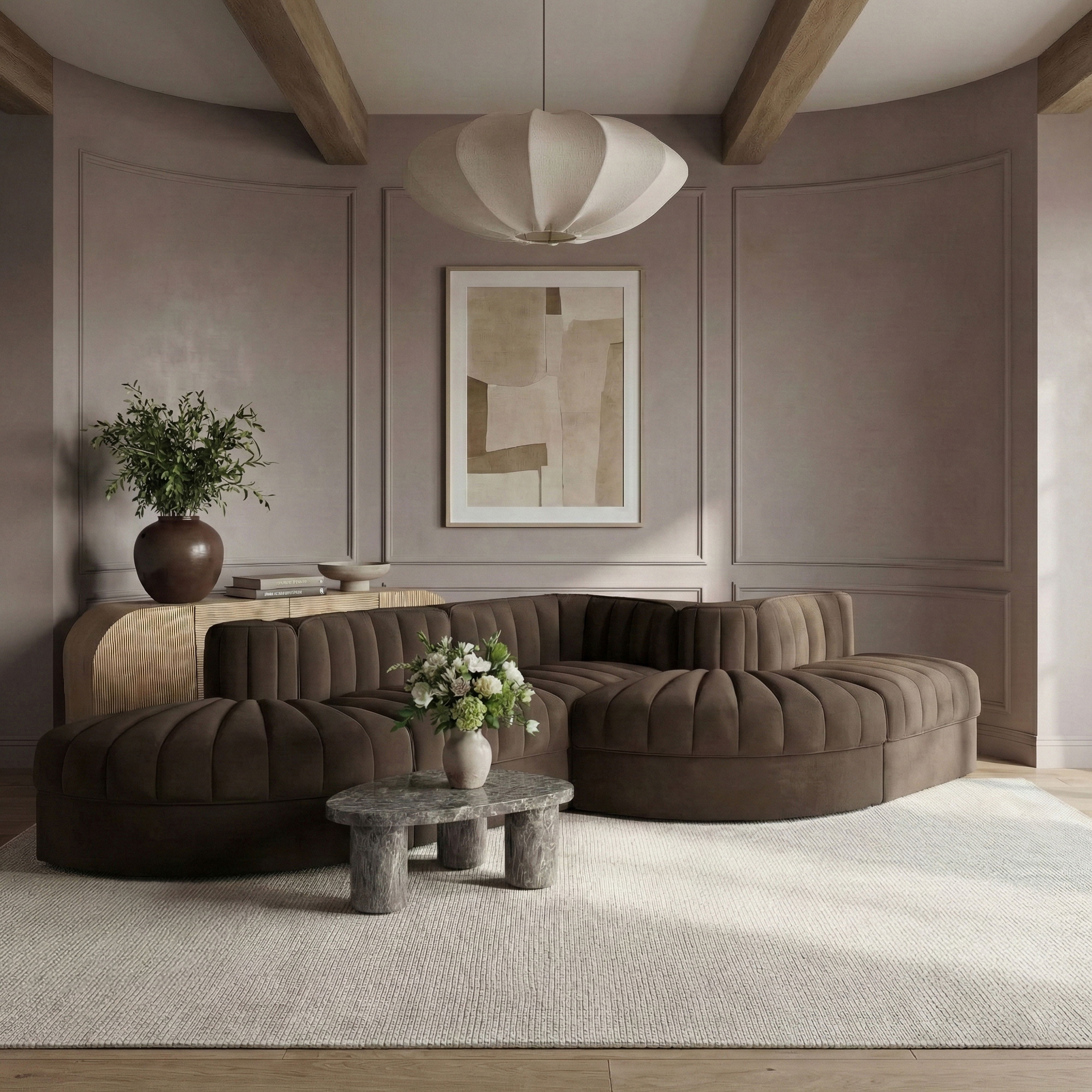 Rummi - Rounded Velvet Performance Fabric Upholstered 5 Piece Modular Sectional - Brown