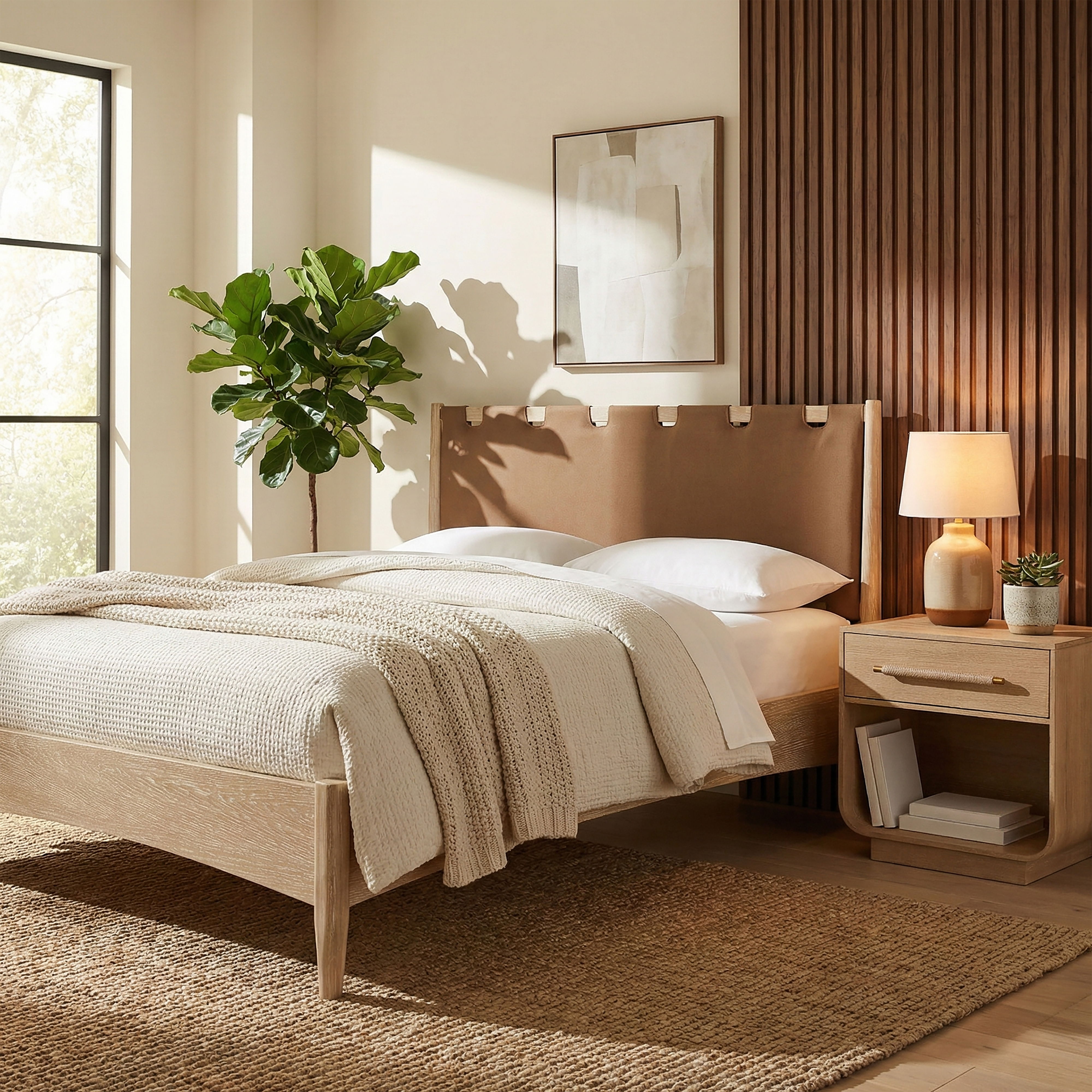 Santos - Vegan Leather Headboard And Wood King Bed - Brown / Waxed Natural