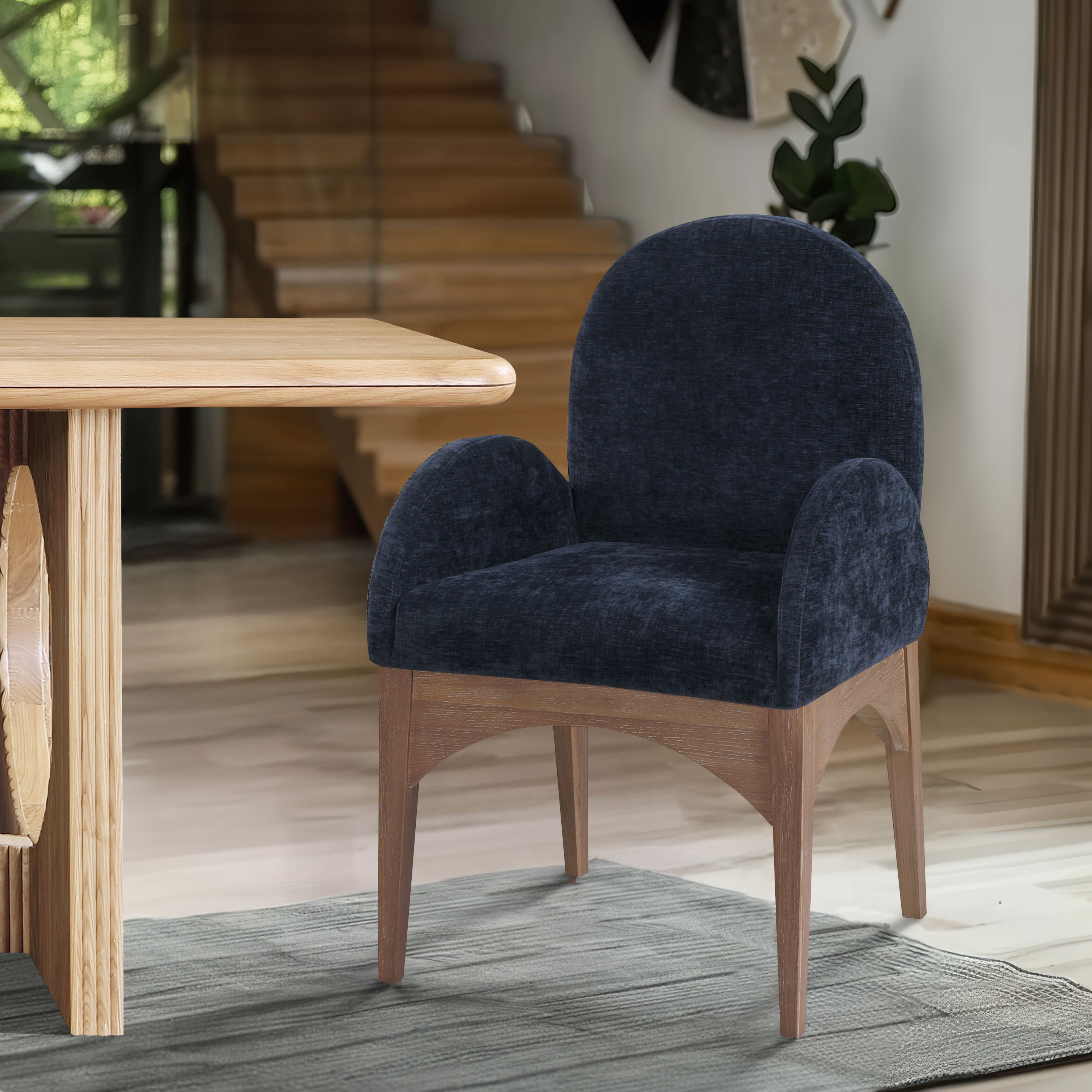 Waldorf - Chenille Dining Arm Chair With Natural Legs - Navy