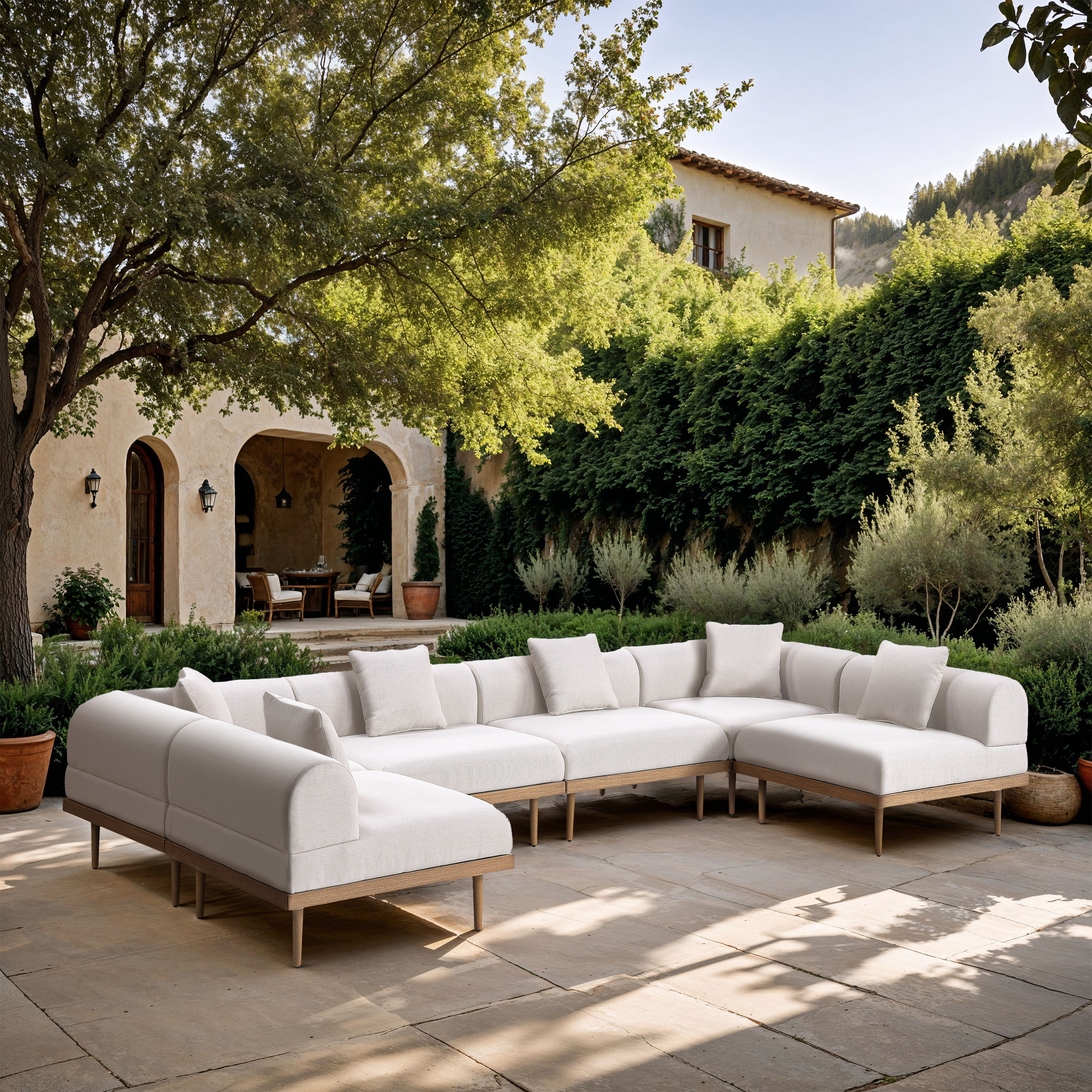 Laguna - 6 Piece Resilient Water Resistant Fabric 142" Outdoor Patio Modular Sectional - Cream