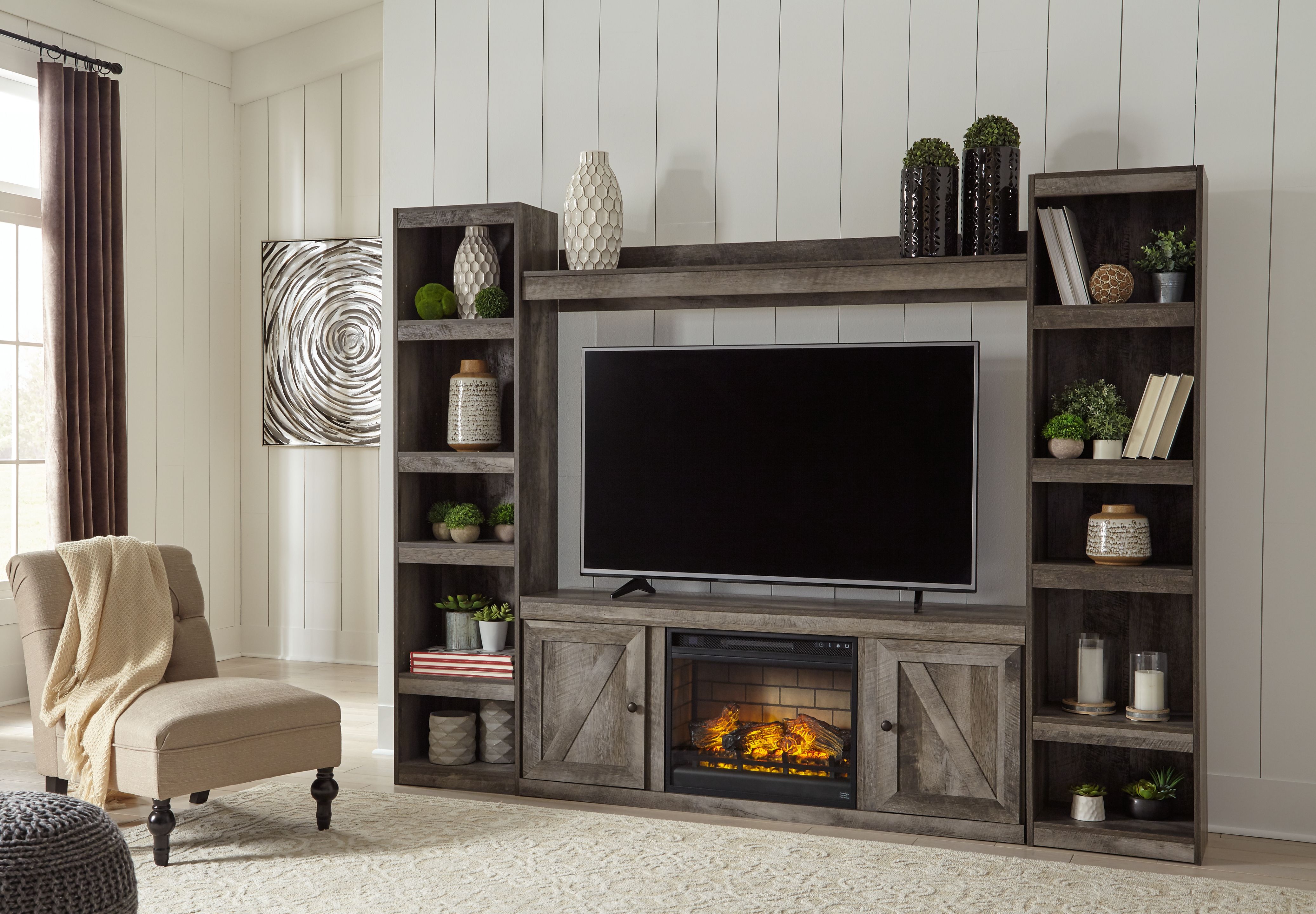 Wynnlow - 4-Piece Entertainment Center With 60" TV Stand And Faux Firebrick Fireplace Insert - Gray