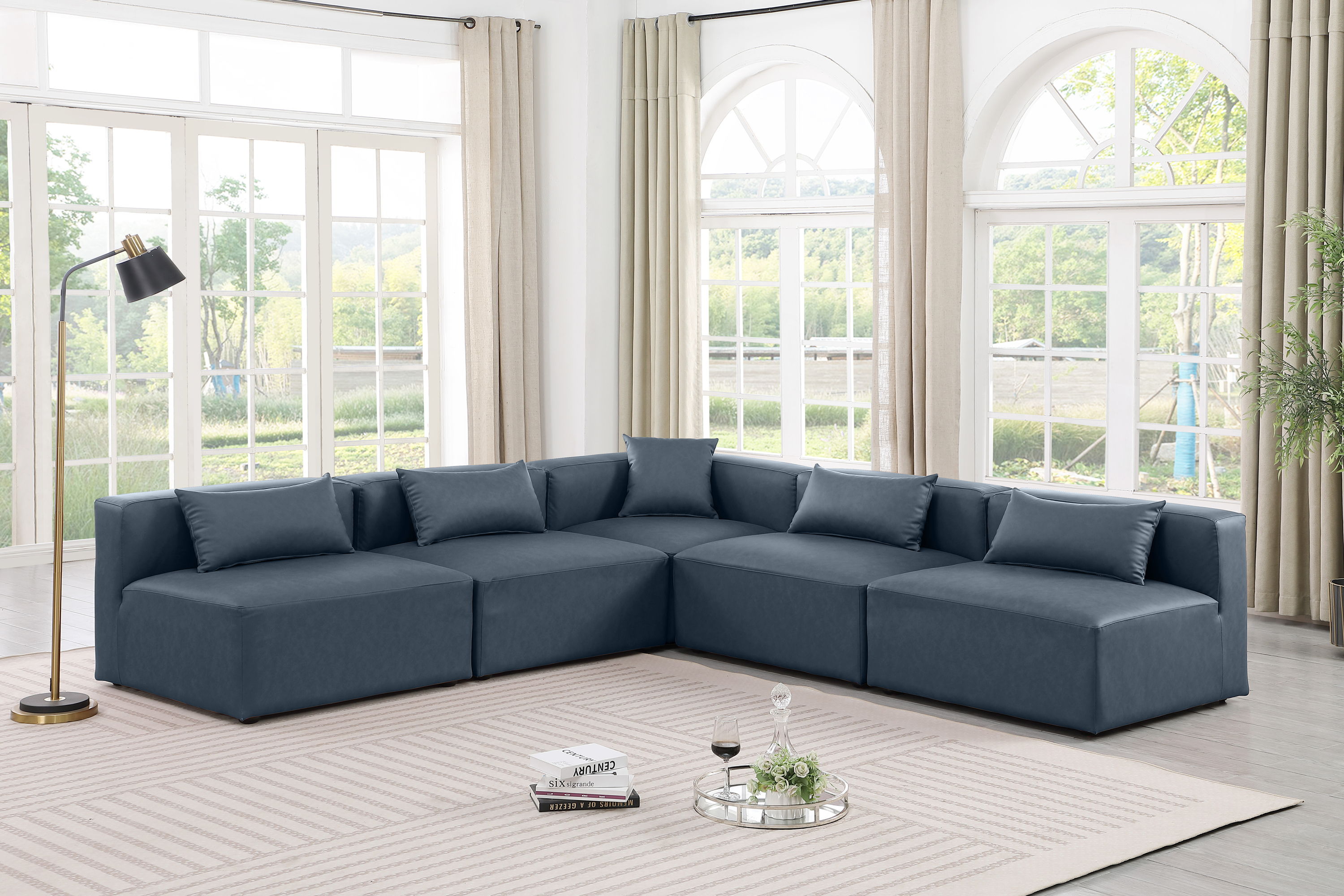 Cube - 5 Piece Modular Corner Armless Sectional - Navy Blue