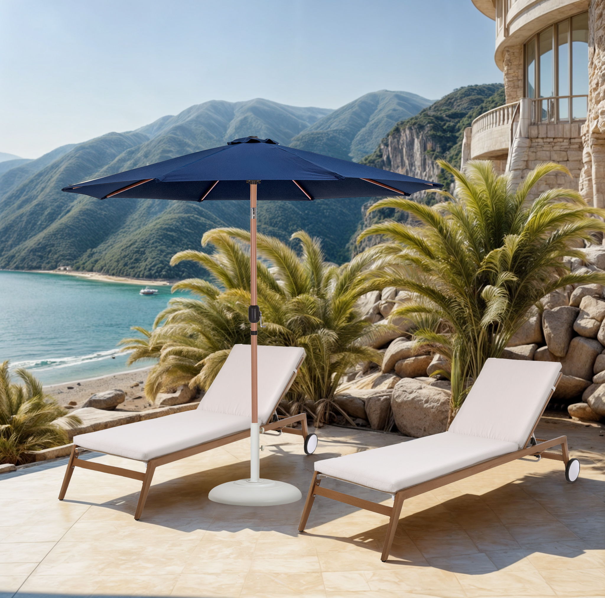 Fiji - Aluminum Patio Umbrella With Round White And Teak Base - Navy
