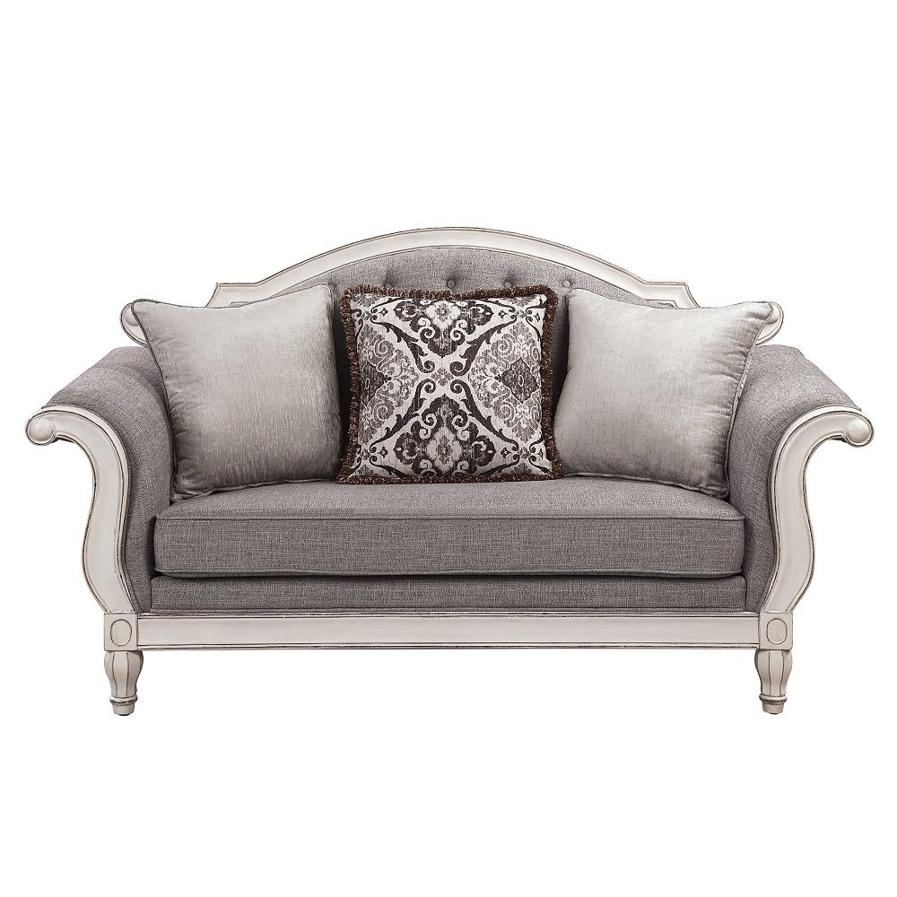 Florian - Loveseat With 3 Pillows - Gray Fabric & Antique White, gray