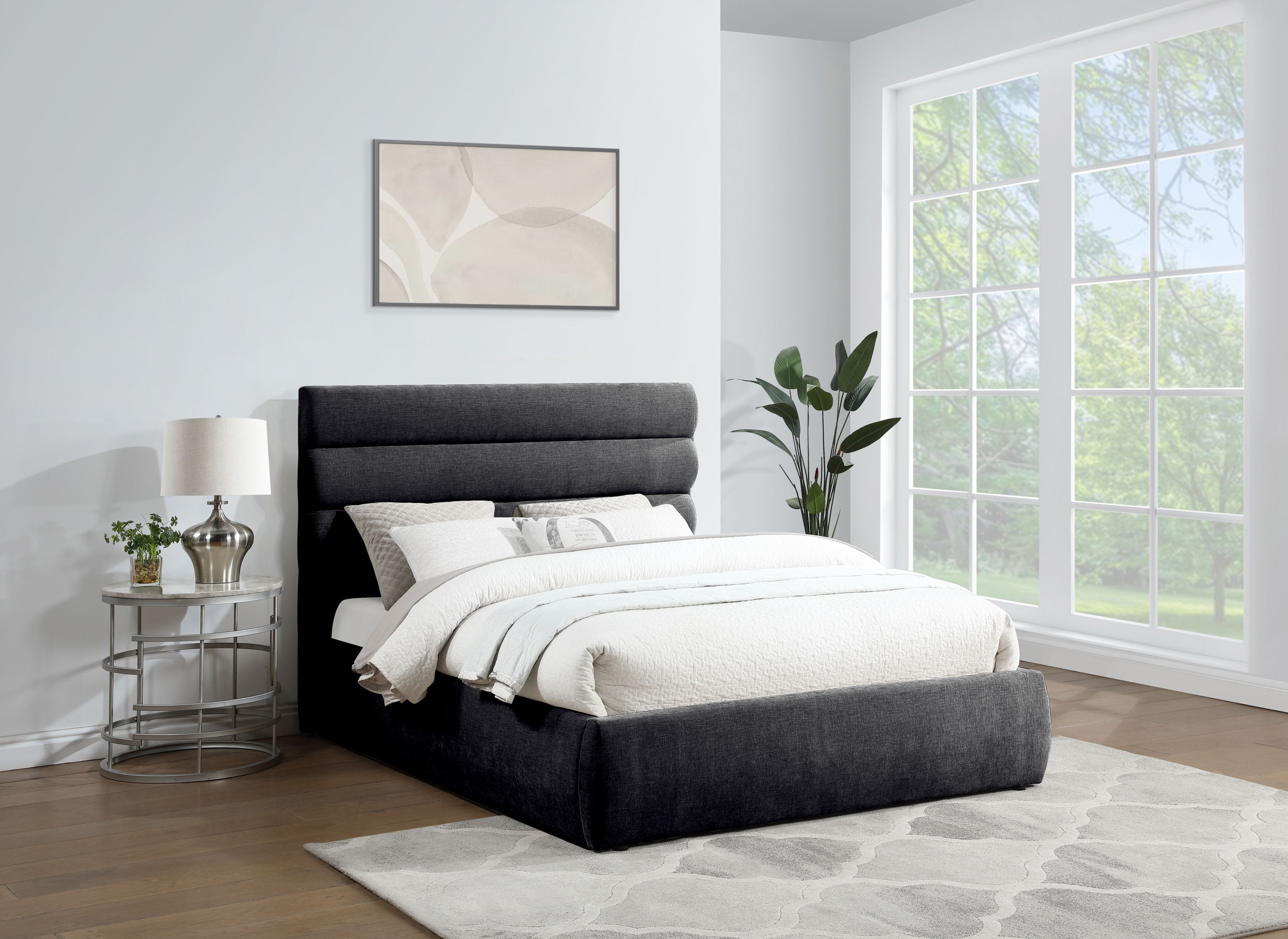 Adam - Chenille Fabric Queen Bed With 52" Headboard - Black