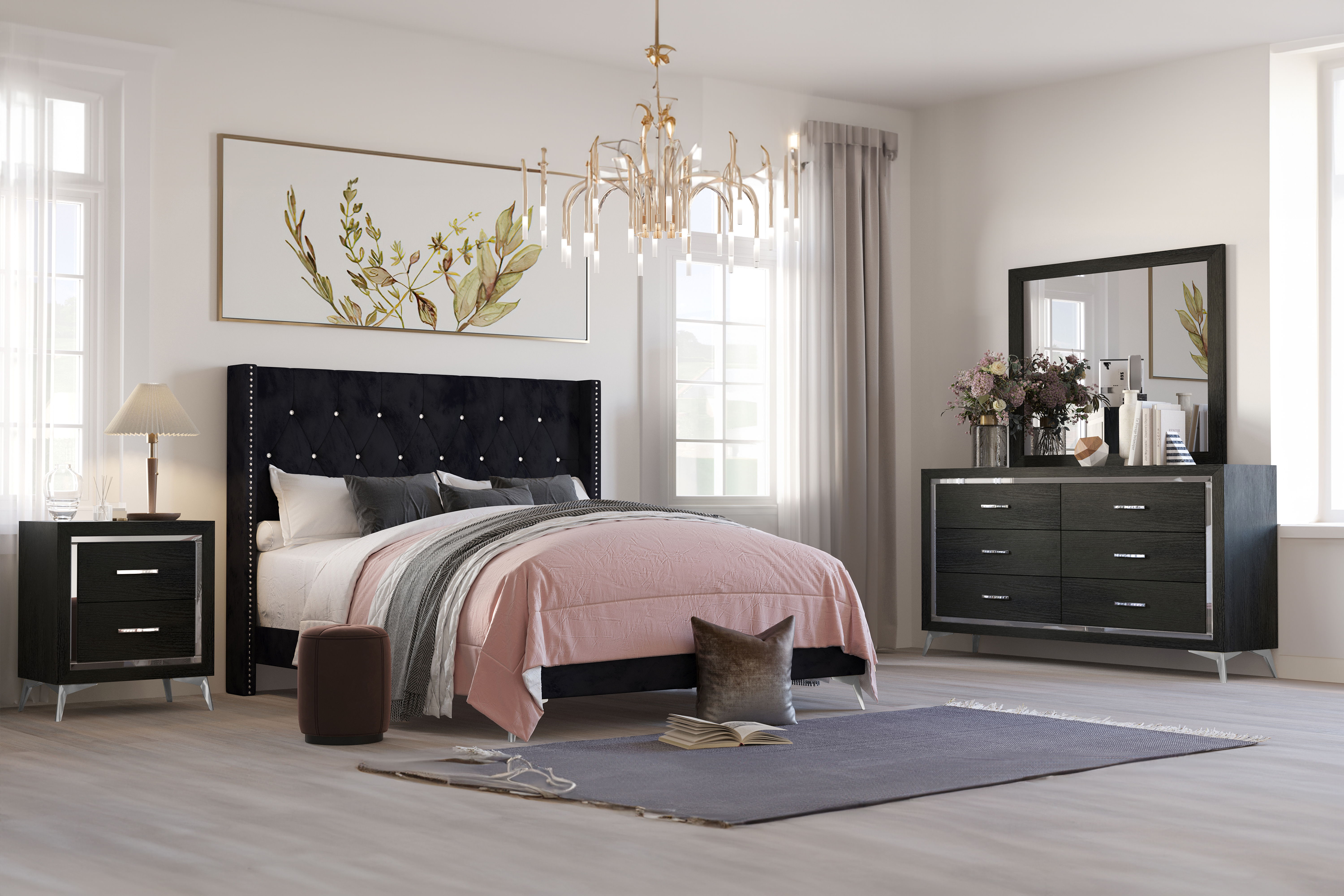 Huxley - 6/6 Eastern King 4 Piece Bedroom Set (Bed & Dresser & Mirror & Nightstand) - Black