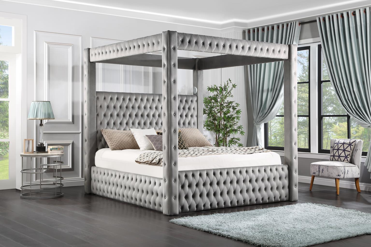B568 - Velvet Queen Canopy Bed With Bluetooth Speaker & USB - Gray