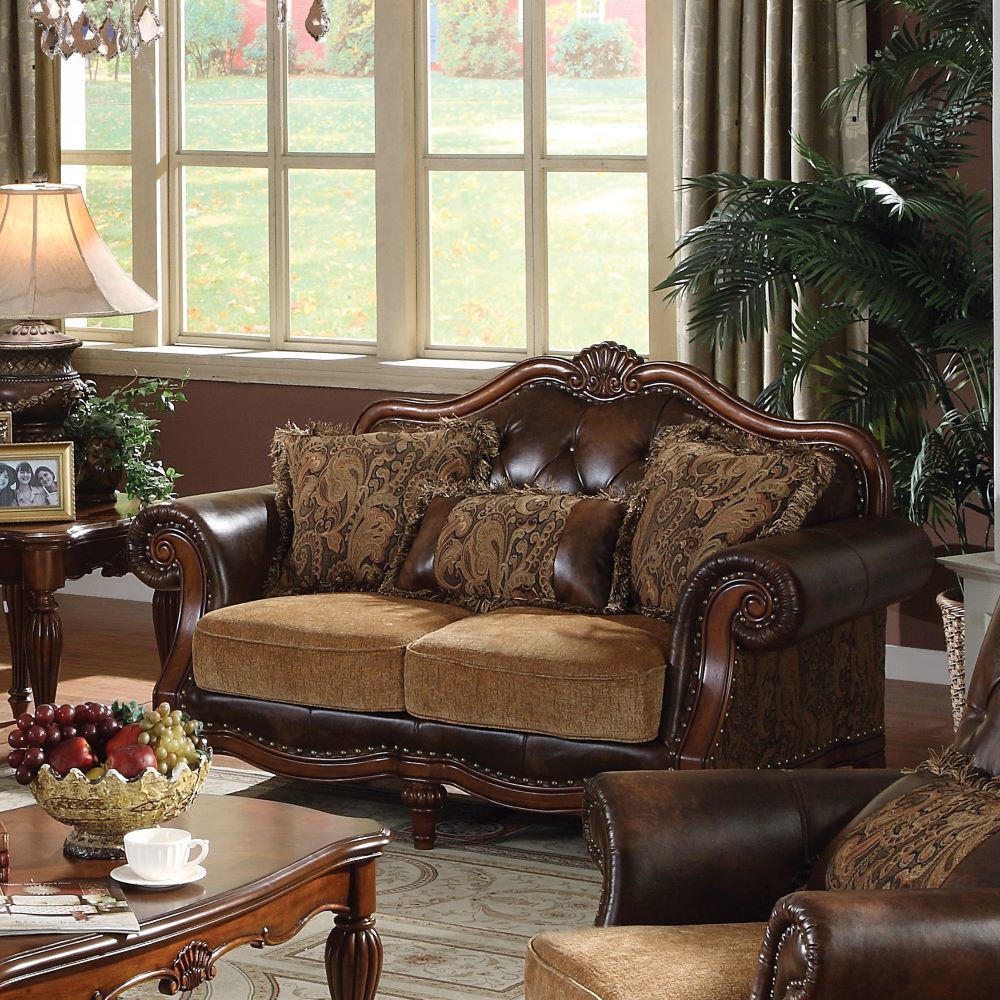 Dreena - Loveseat With 3 Pillows - Two Tone Brown Synthetic Leather & Chenille Cherry, dark brown