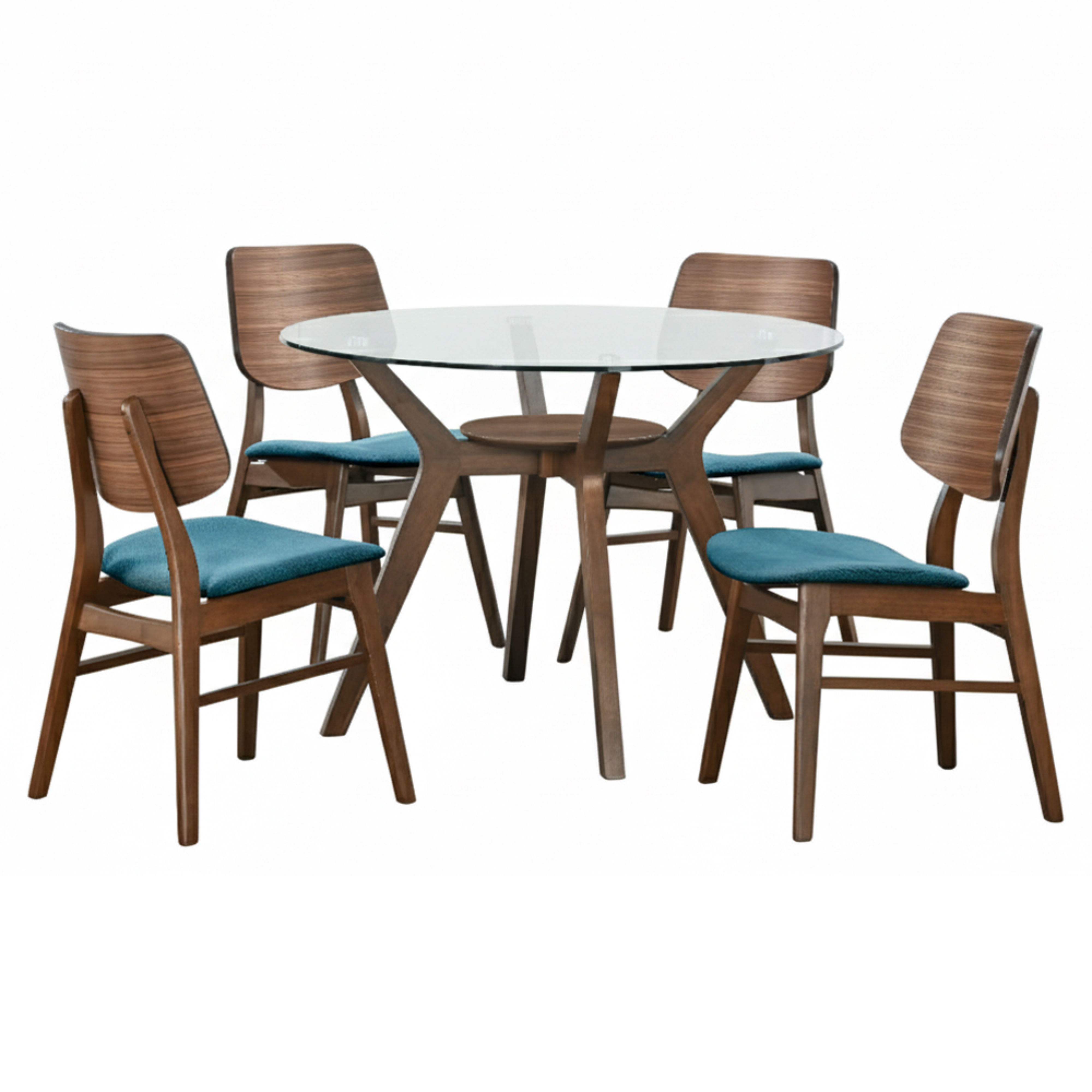 Oscar - Round Glass Table With 4 Teal Cushion Chairs - Brown