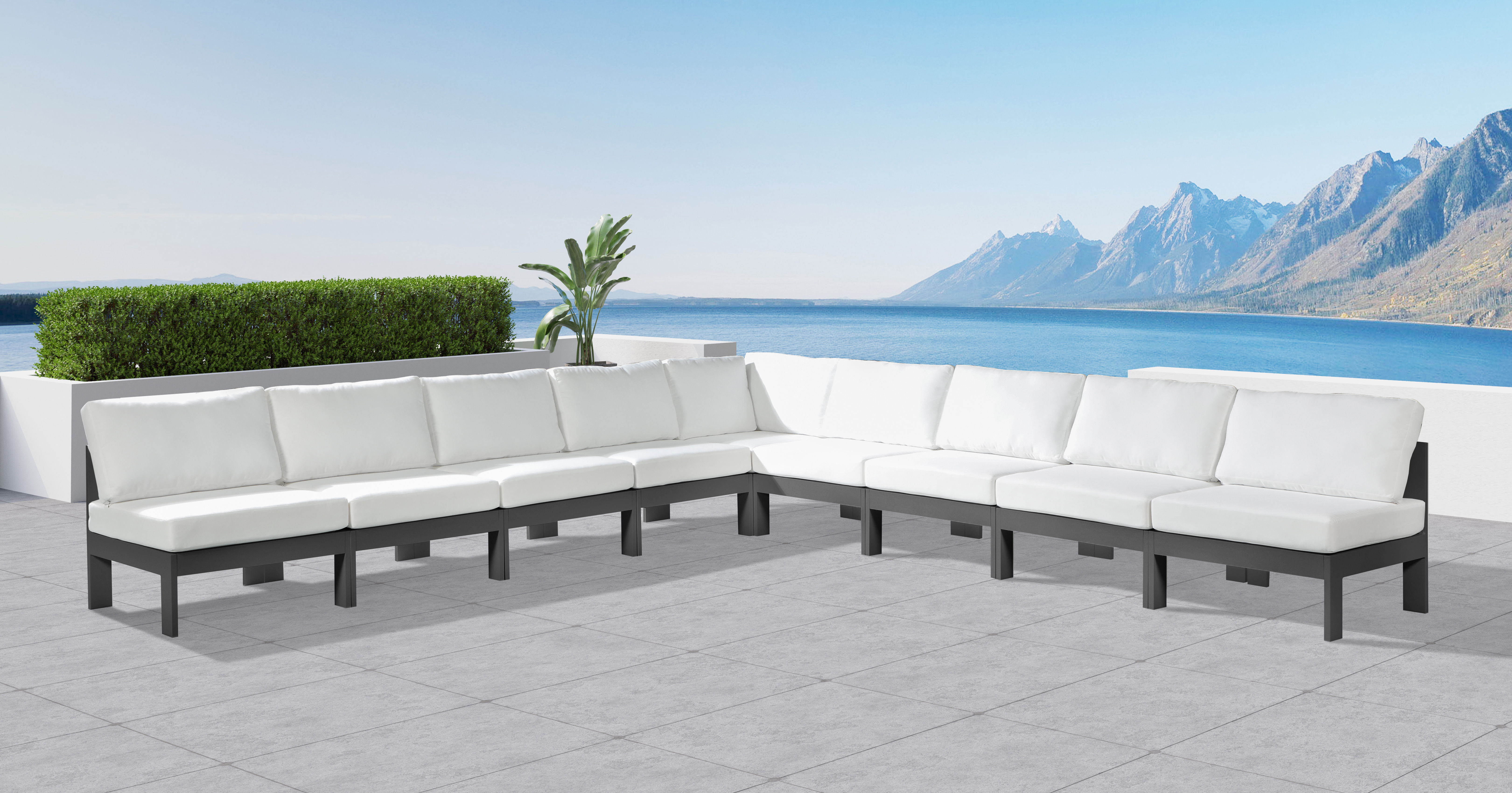 Nizuc - Outdoor Patio 9 Piece Modular Corner Armless Sectional With Gray Frame - White