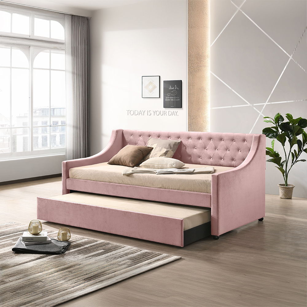 Lianna - Twin Daybed With Trundle - Pink Velvet, pink
