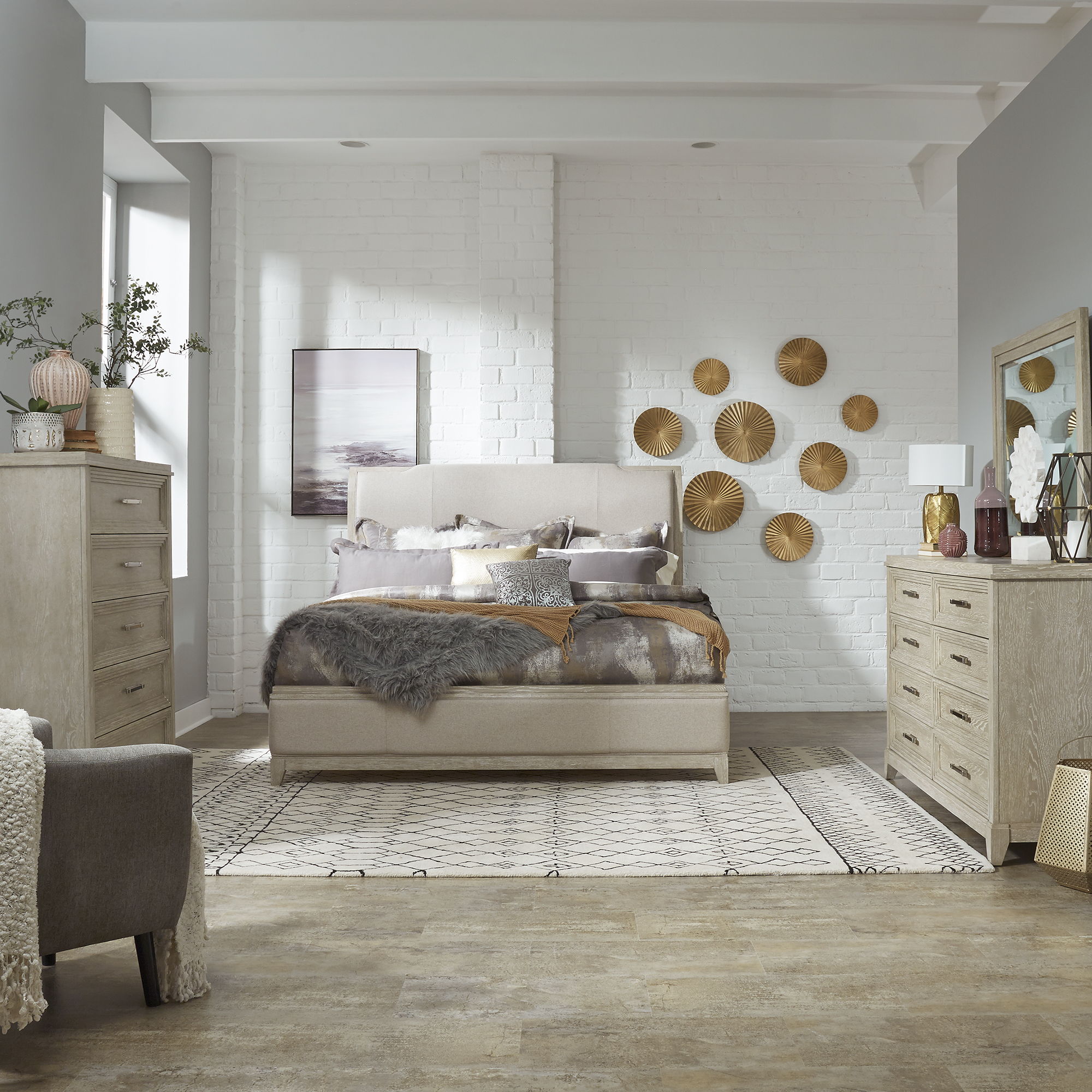 Liberty Furniture Belmar - 4 Piece Bedroom Set (King Upholstered Bed, Dresser & Mirror, Chest) - Washed Taupe