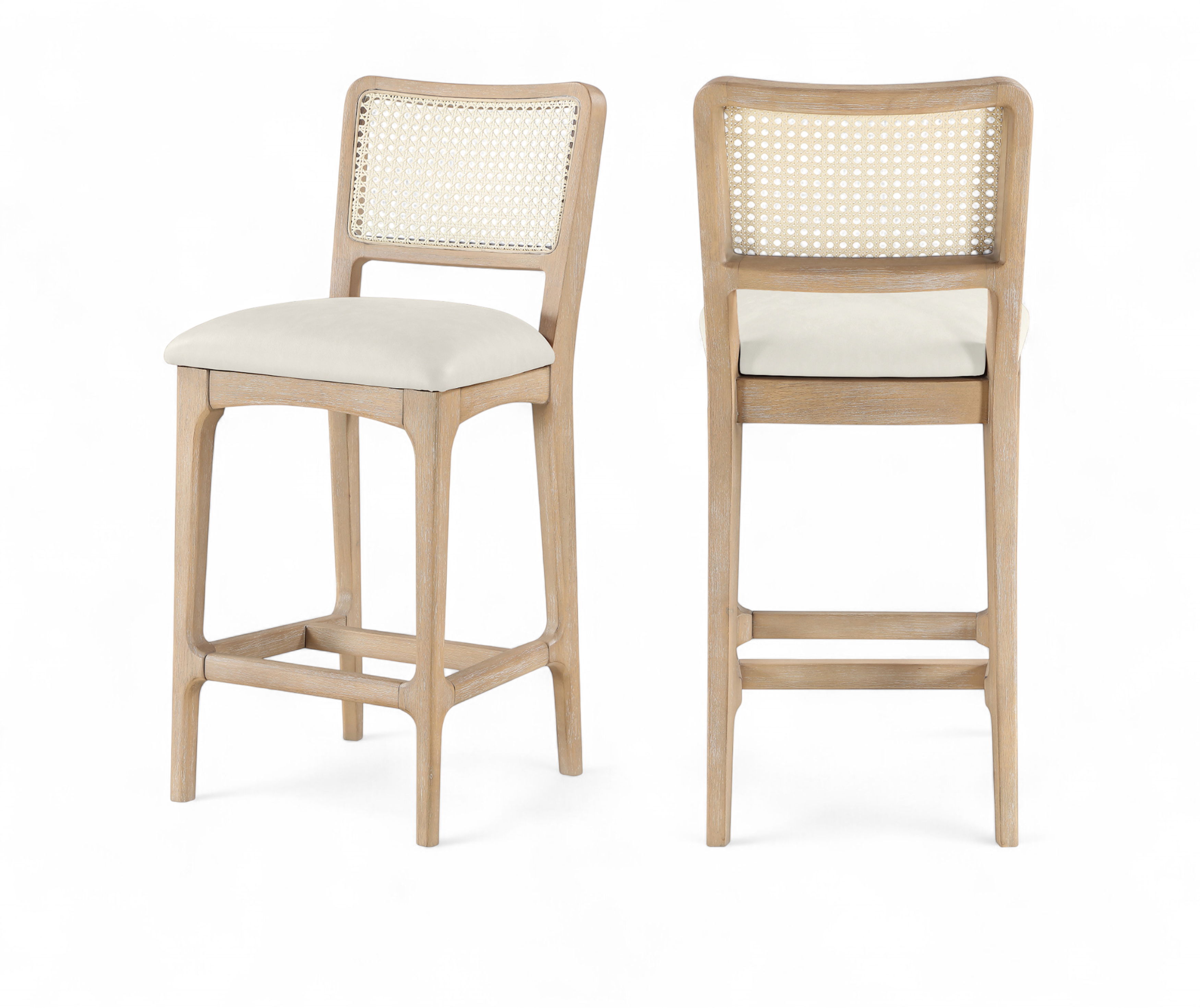 Atrium - Cane Back And Vegan Leather Upholstered Seat Counter Stool (Set of 2) - Cream / Brushed Natural