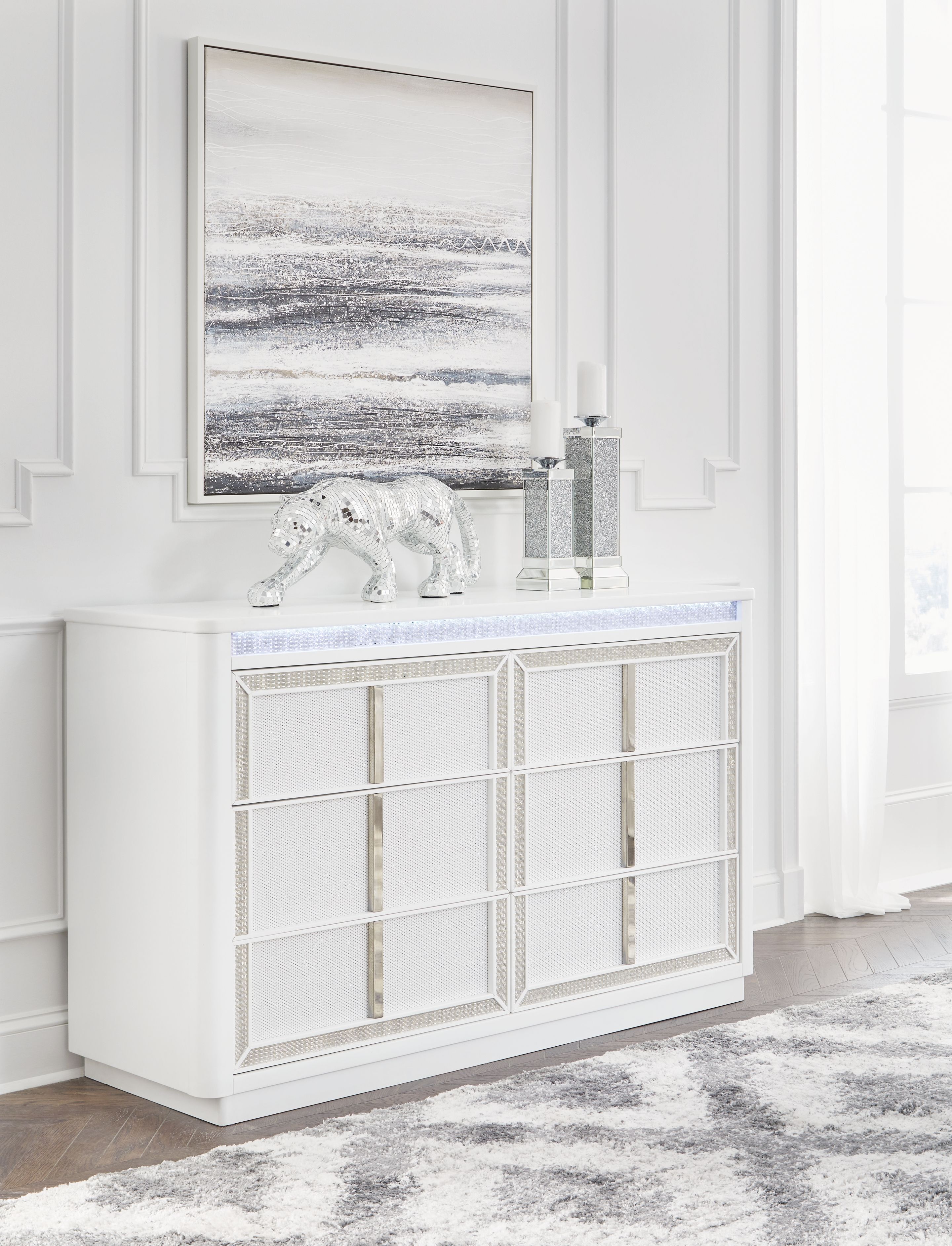 Chalanna - 5 Pc. - Dresser, Mirror, California King Upholstered Storage Bed - White
