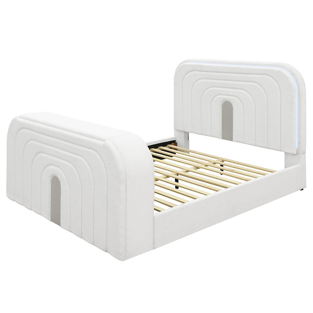 Shelyn - Queen Bed With LED, TV Cabinet, Fireplace & Bluetooth - White Teddy Sherpa & Chrome, white, view 2