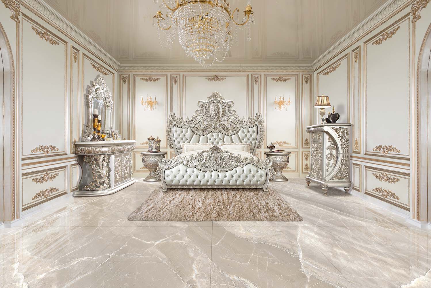 Sandoval - Eastern King Bed - Beige Synthetic Leather & Champagne, beige, view 2