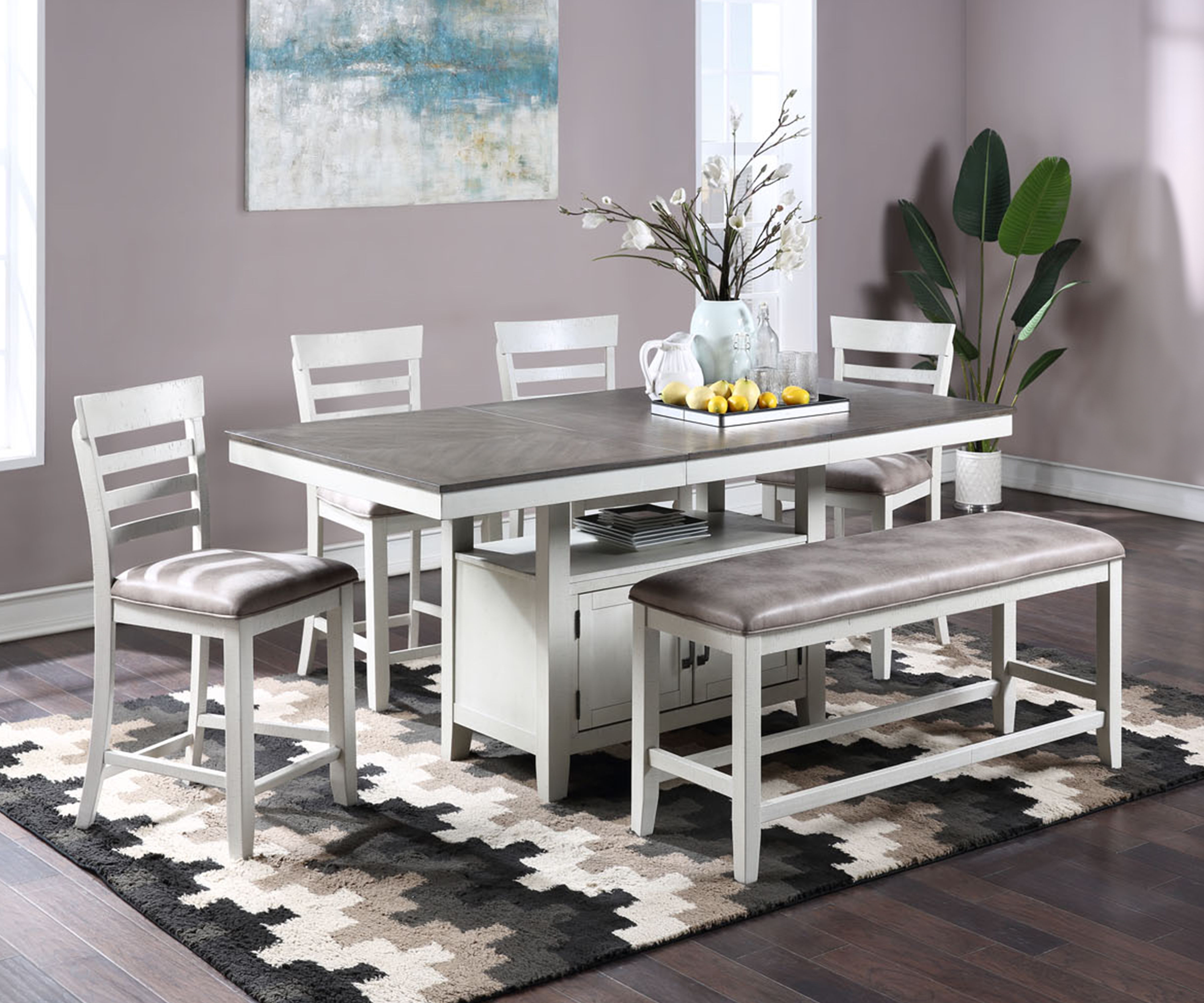 Richland - Counter Table With 4 Chairs And 1 Bench - White