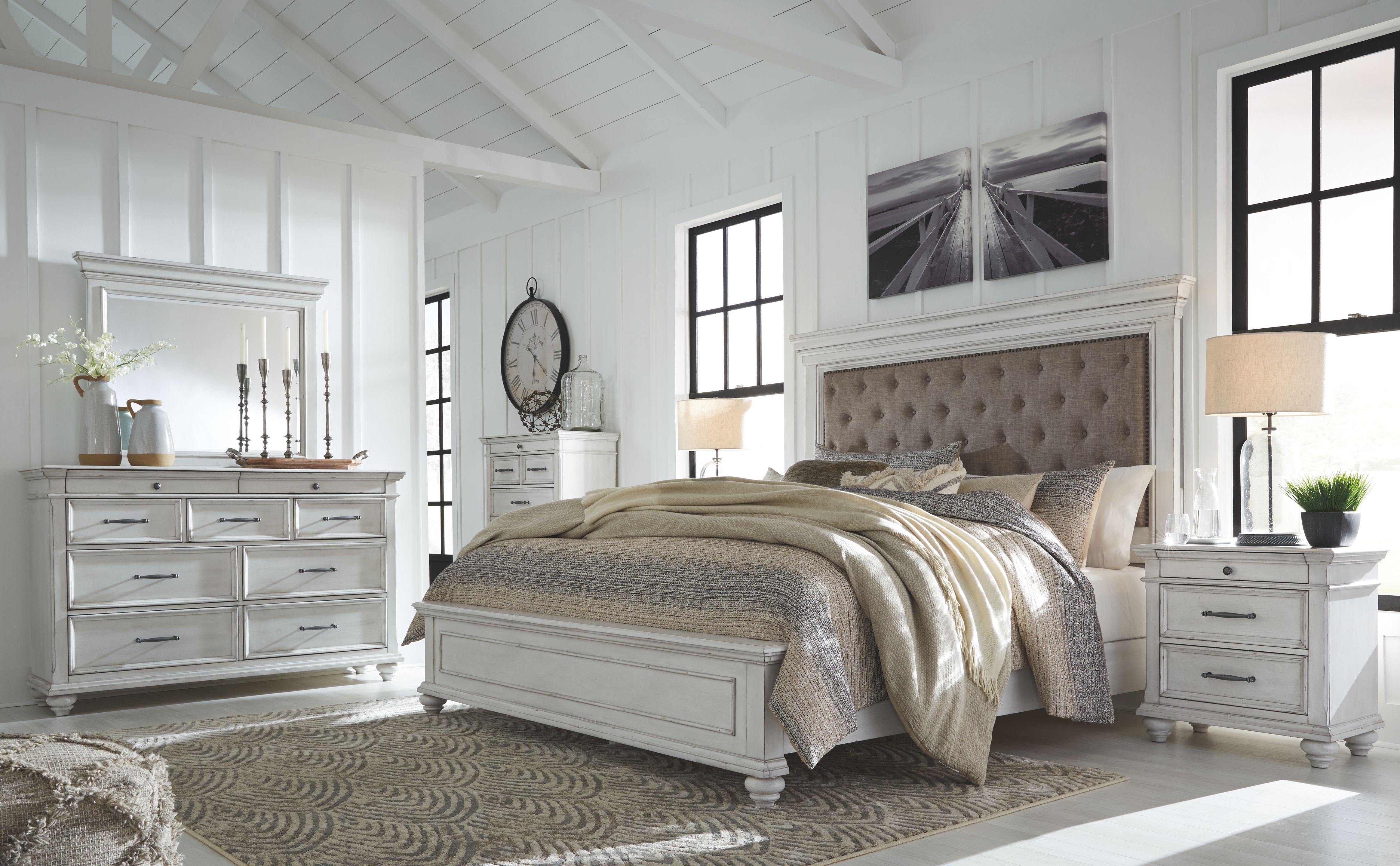 King · 6 Pc · Dresser, Mirror, Chest, King Upholstered Panel Bed