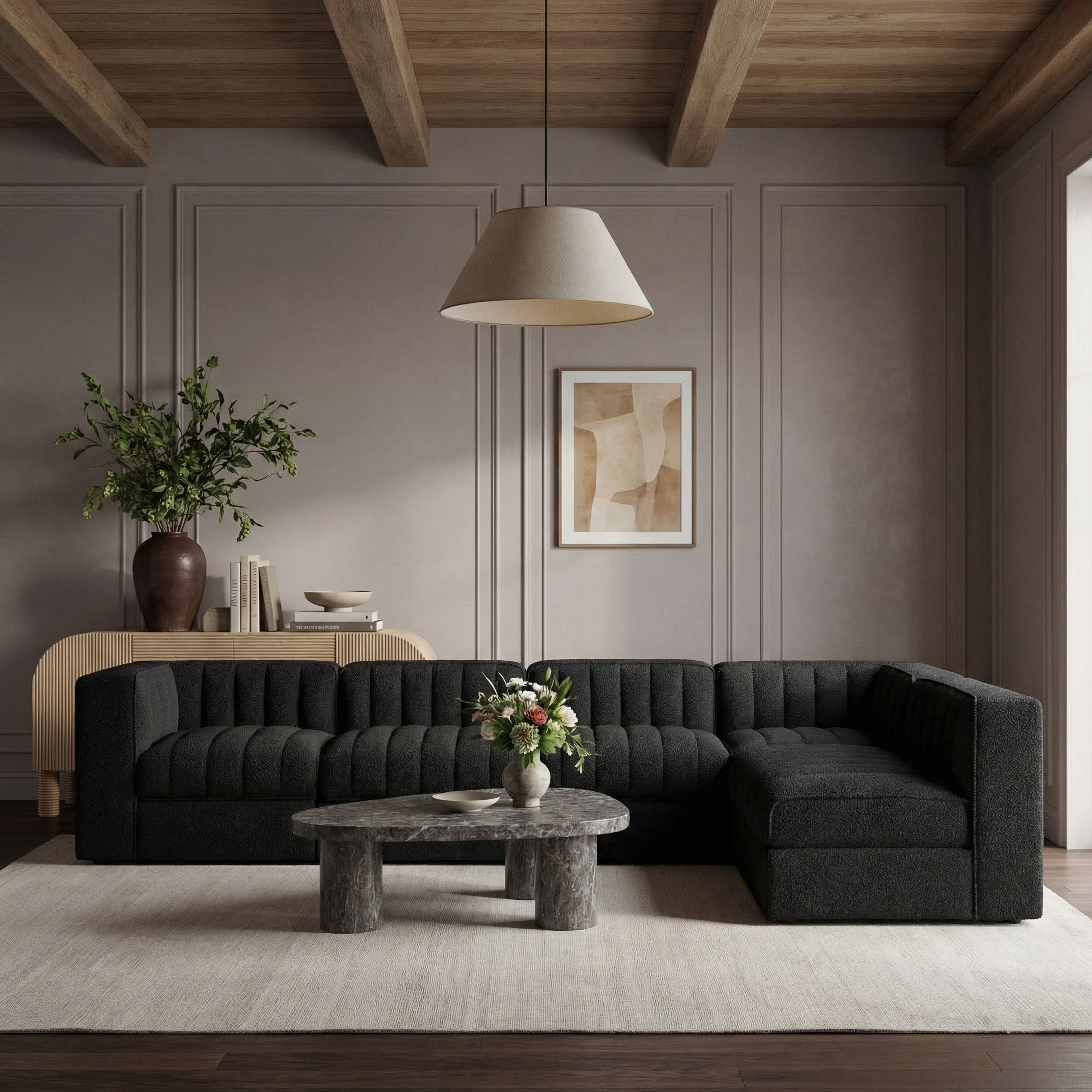 Rummi - Velvet Performance Fabric Upholstered 6 Piece Modular Sectional - Black