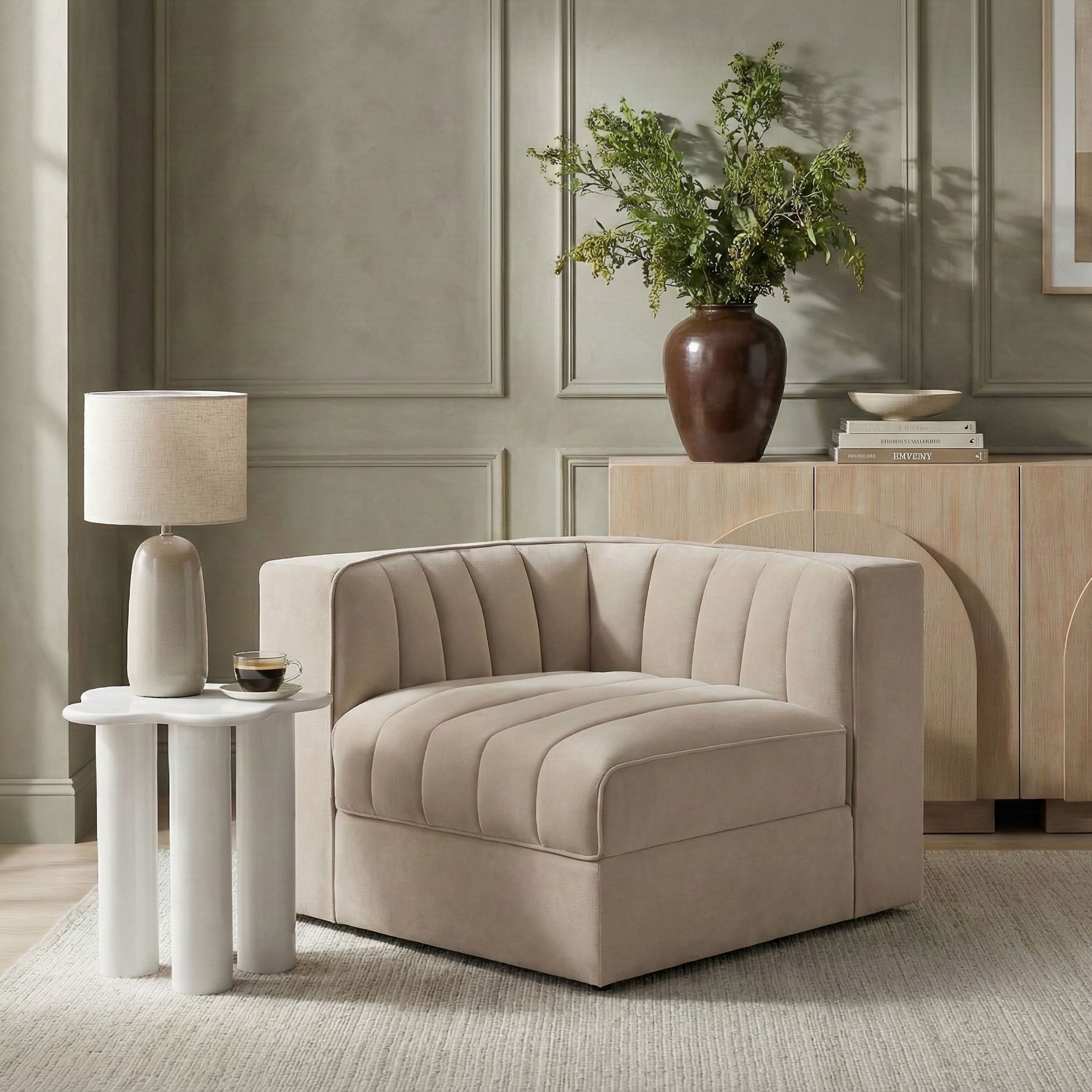 Rummi - Velvet Performance Fabric Upholstered Modular Corner Chair - Beige