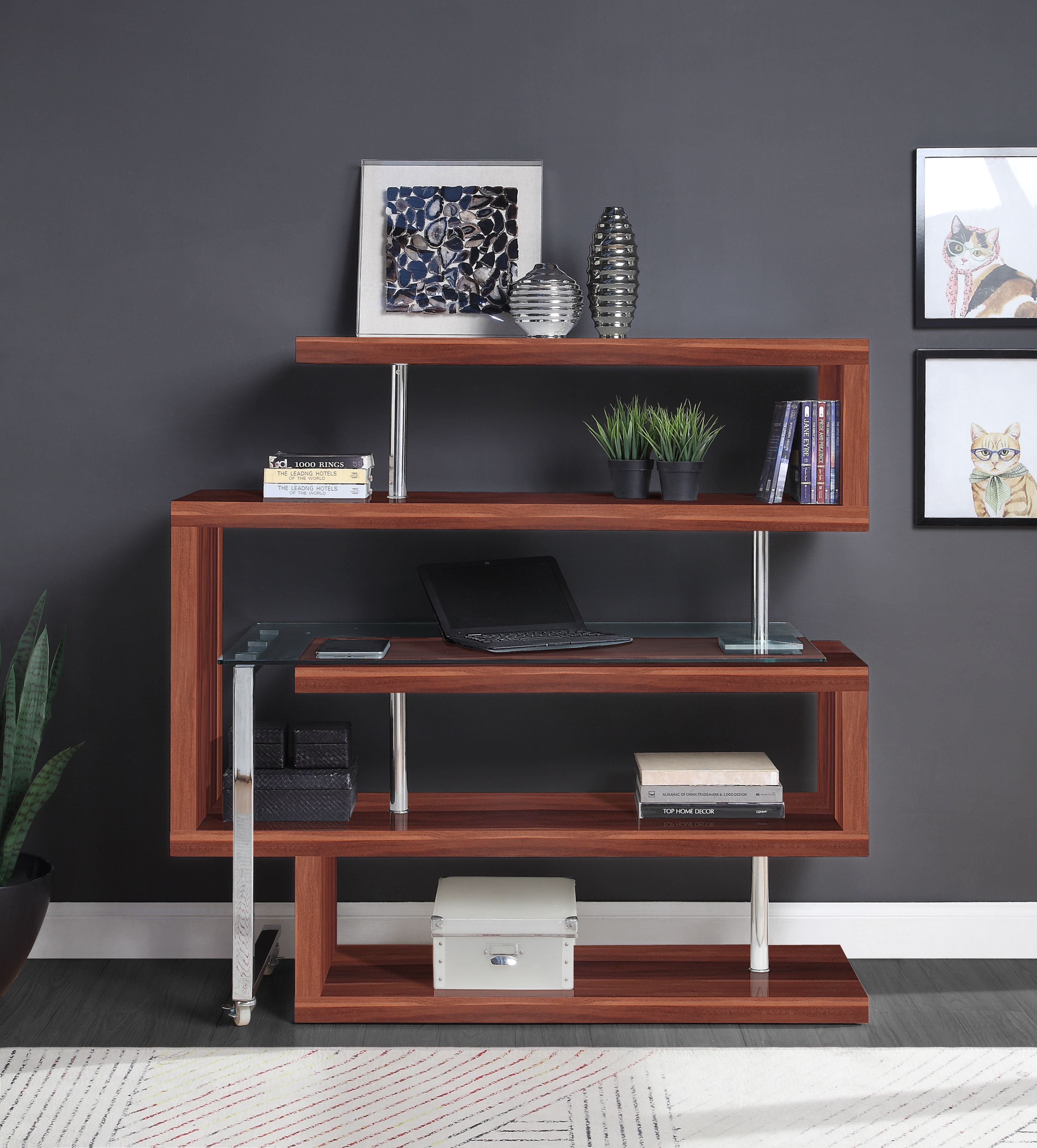 Buck II - Writing Desk With Bookshelf - Clear Glass, Chrome & Walnut High Gloss, dark brown, view 7