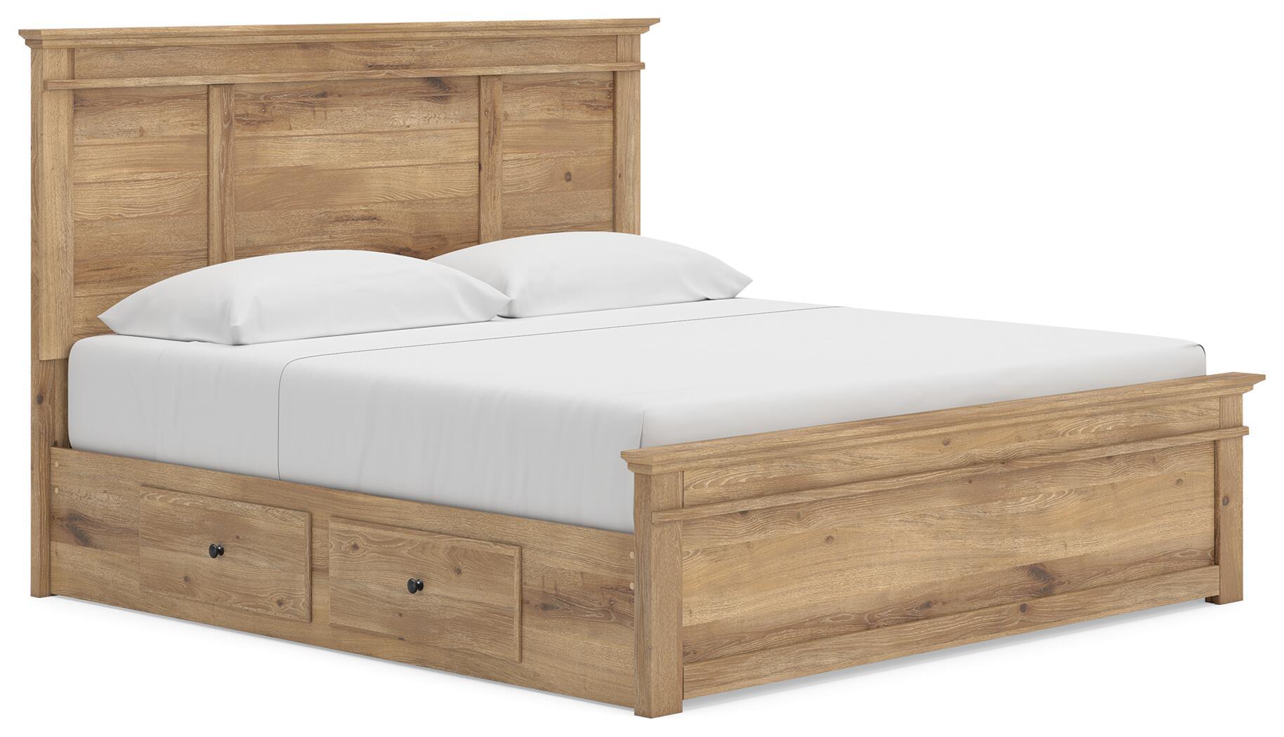 Makidern - King Panel Storage Bed With 2 Under Bed Storage Units - Tan