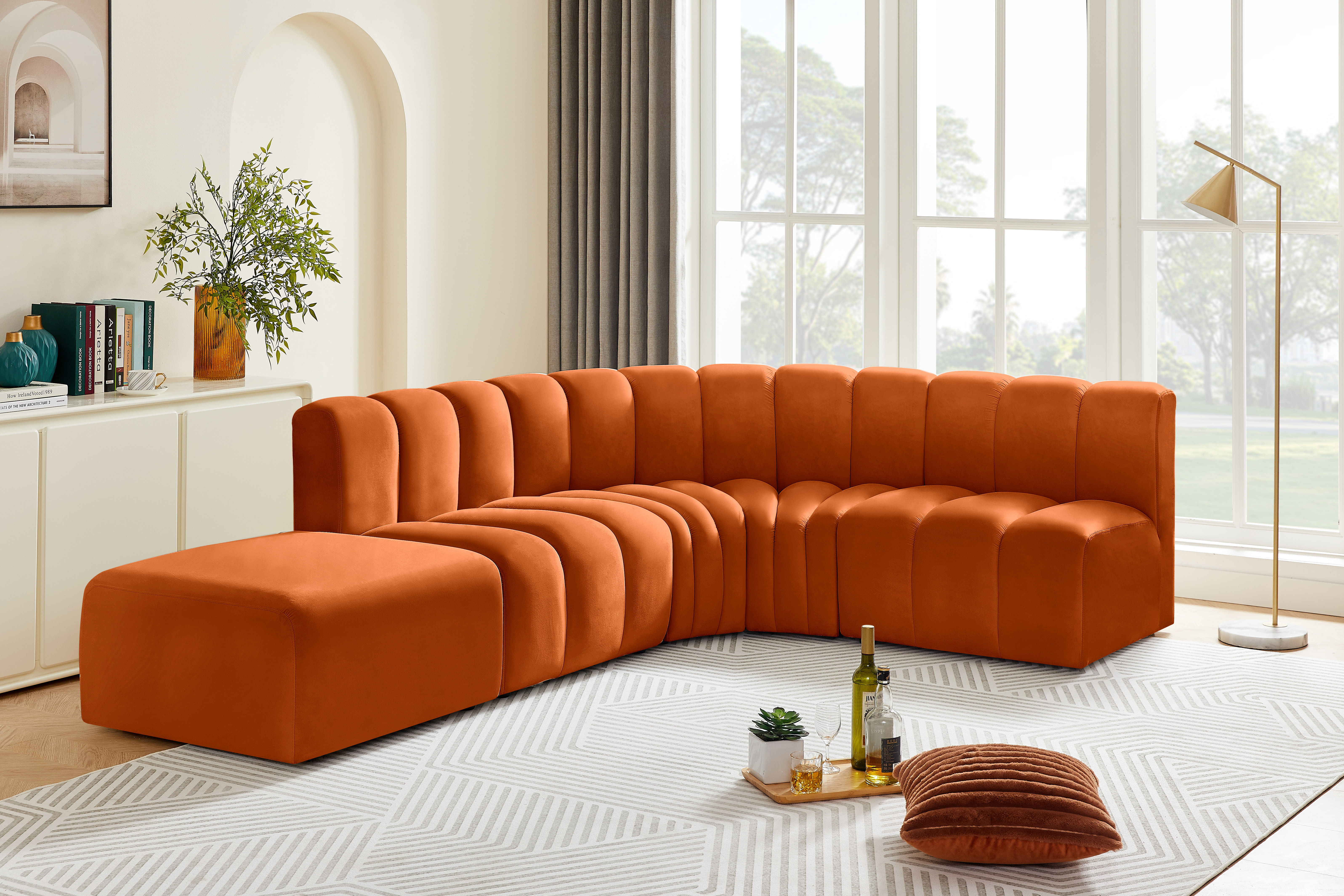 Arc - Velvet 5 Piece Corner Modular Sofa - Cognac