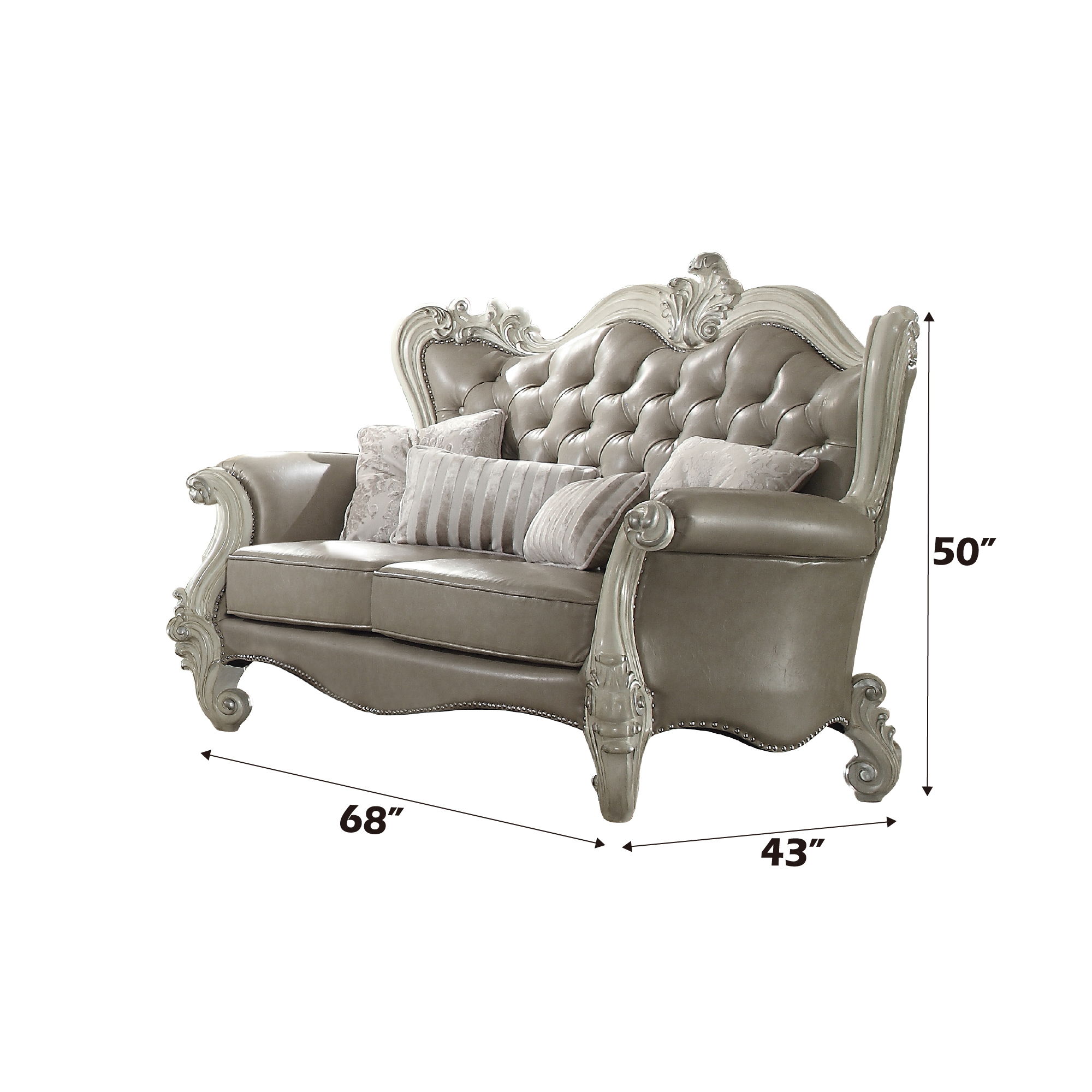 Versailles - Loveseat With 4 Pillows - Vintage Gray Synthetic Leather & Bone White, beige, view 3