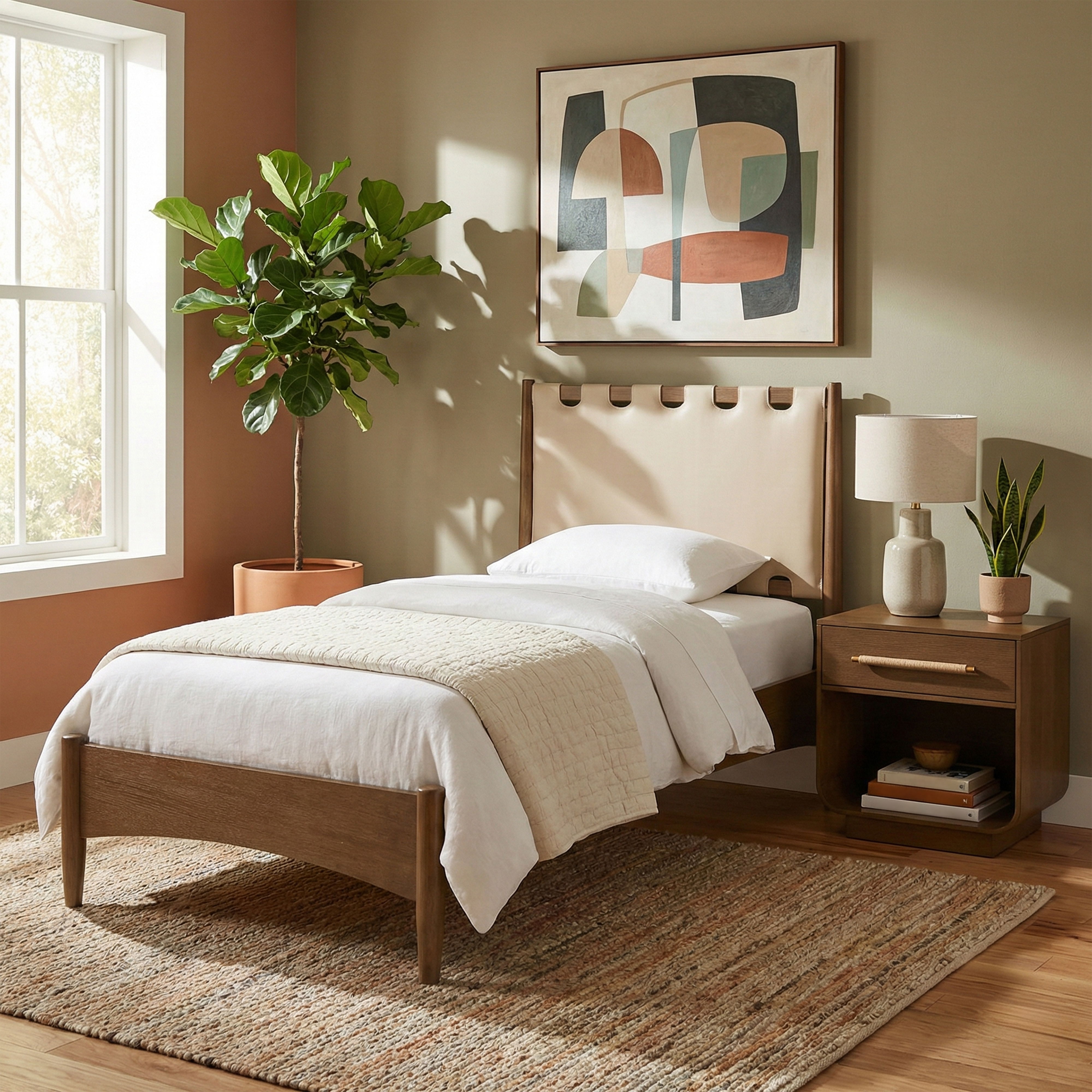 Santos - Vegan Leather Headboard And Wood Twin Bed - Beige
