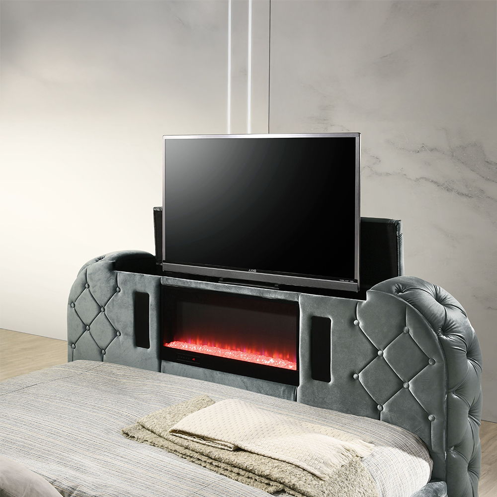 Kana - Queen Bed With LED, Fireplace & TV Stand - Gray Upholstery Velvet, gray, view 2