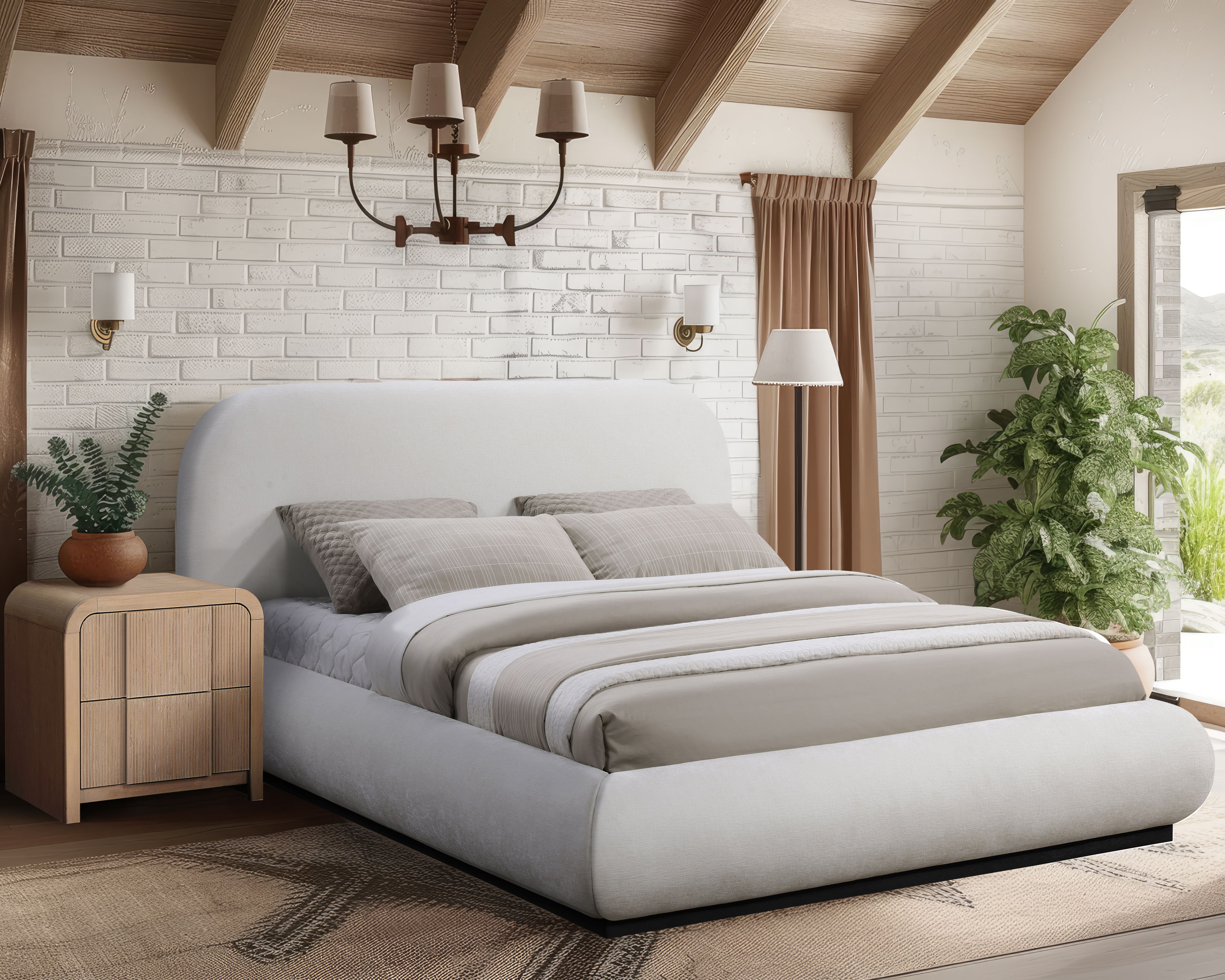 Vaughn - Chenille King Bed With Black Base - Cream