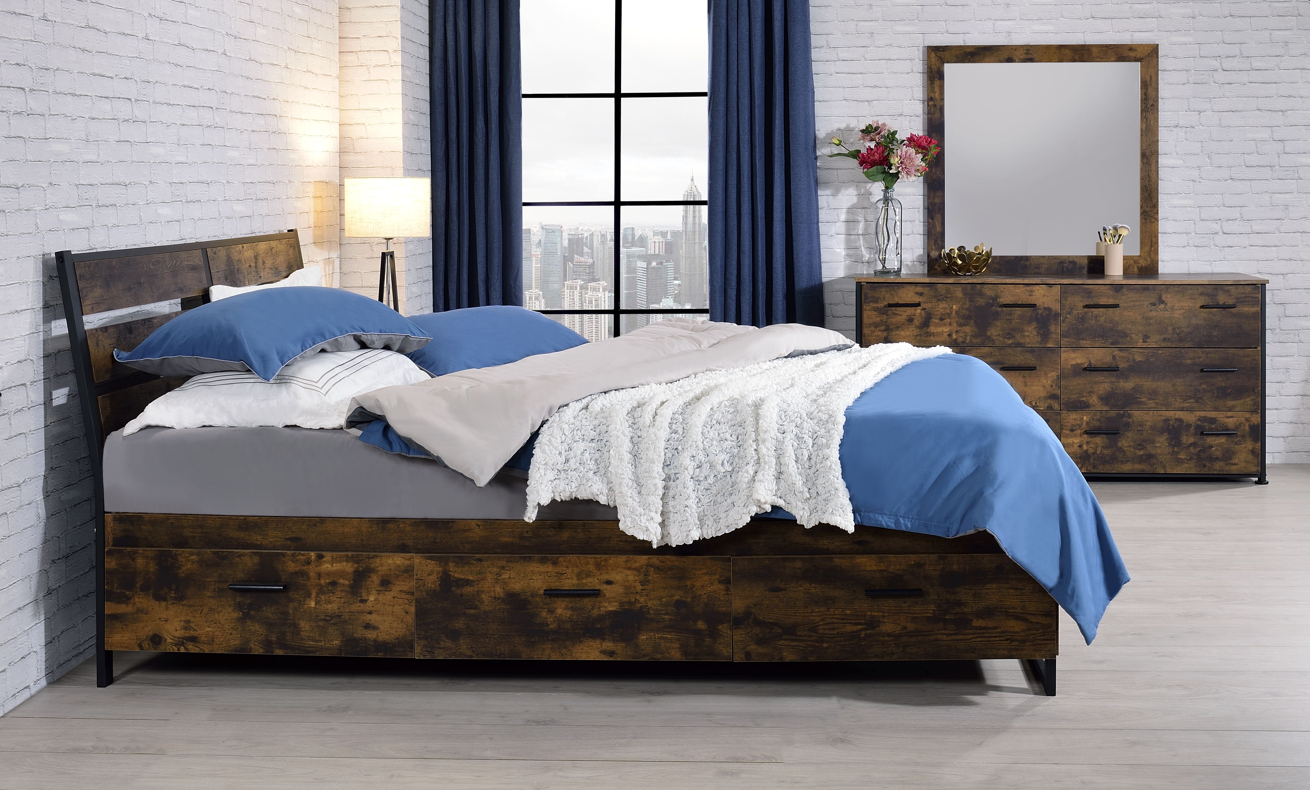 Juvanth - Eastern King Bed With Storage - Rustic Oak & Black, dark brown, view 6