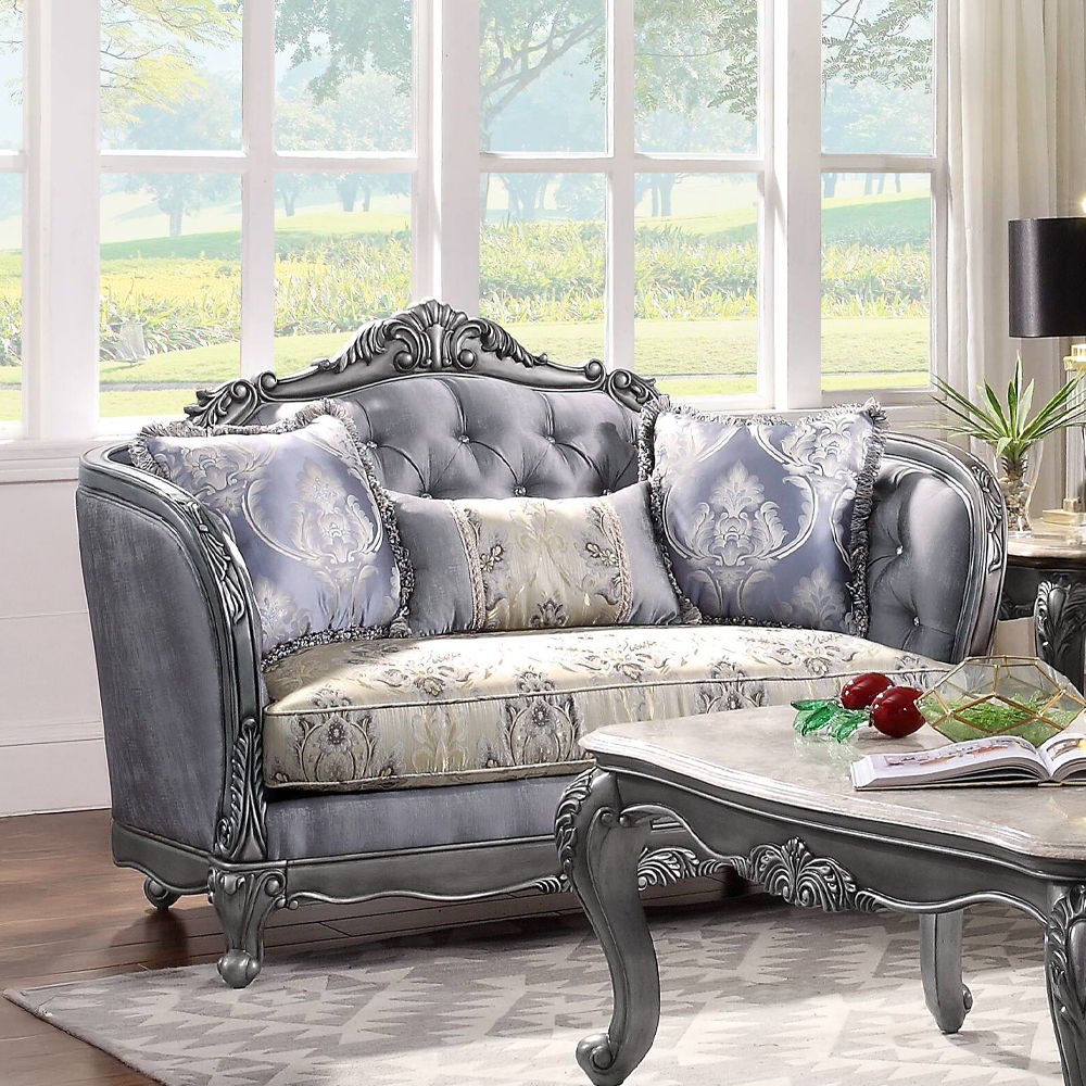 Ariadne - Loveseat With 3 Pillows - Fabric & Platinum, silver