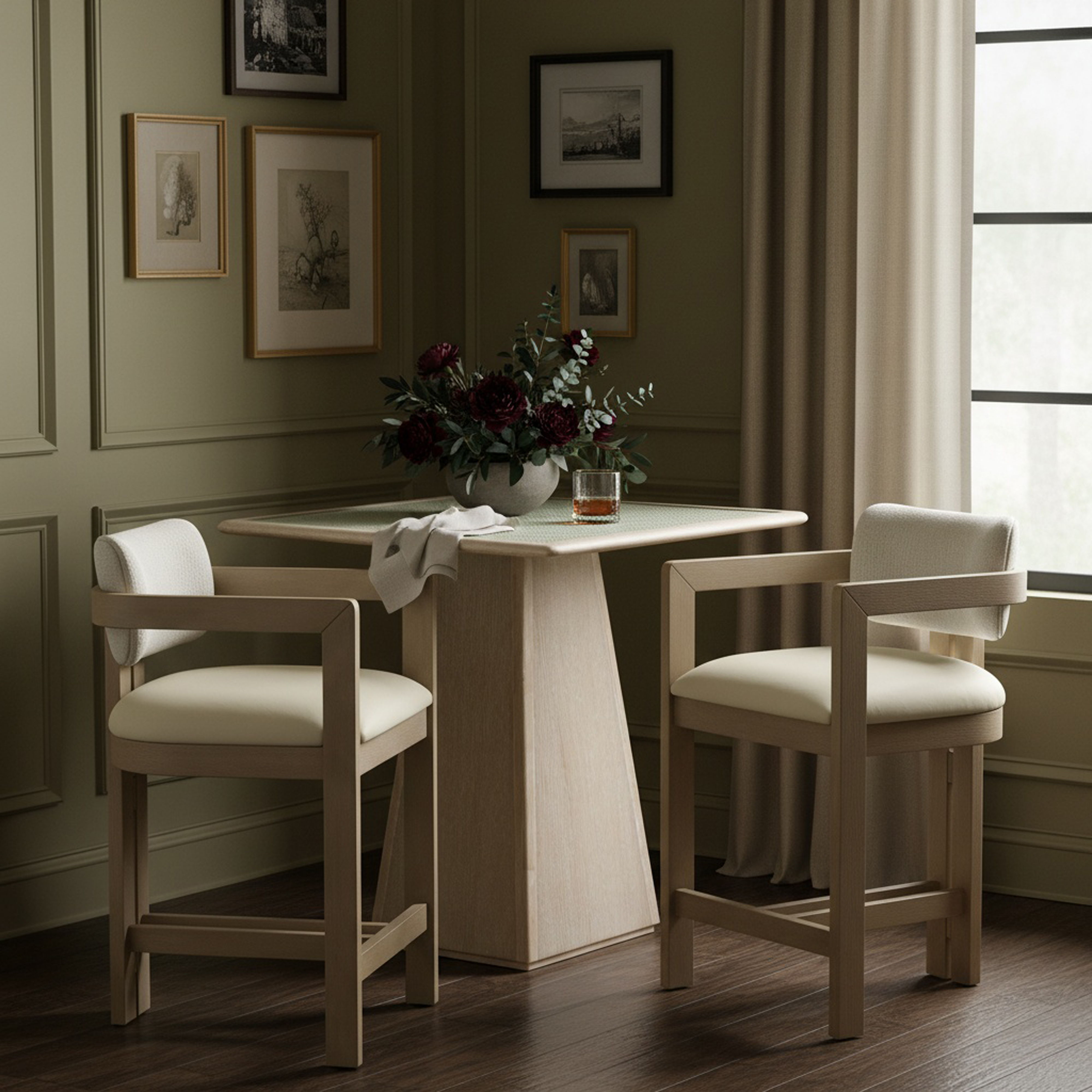 Ravina - Vegan Leather and Linen Textured Fabric Upholstered Counter Stool - Cream / Stained Natural
