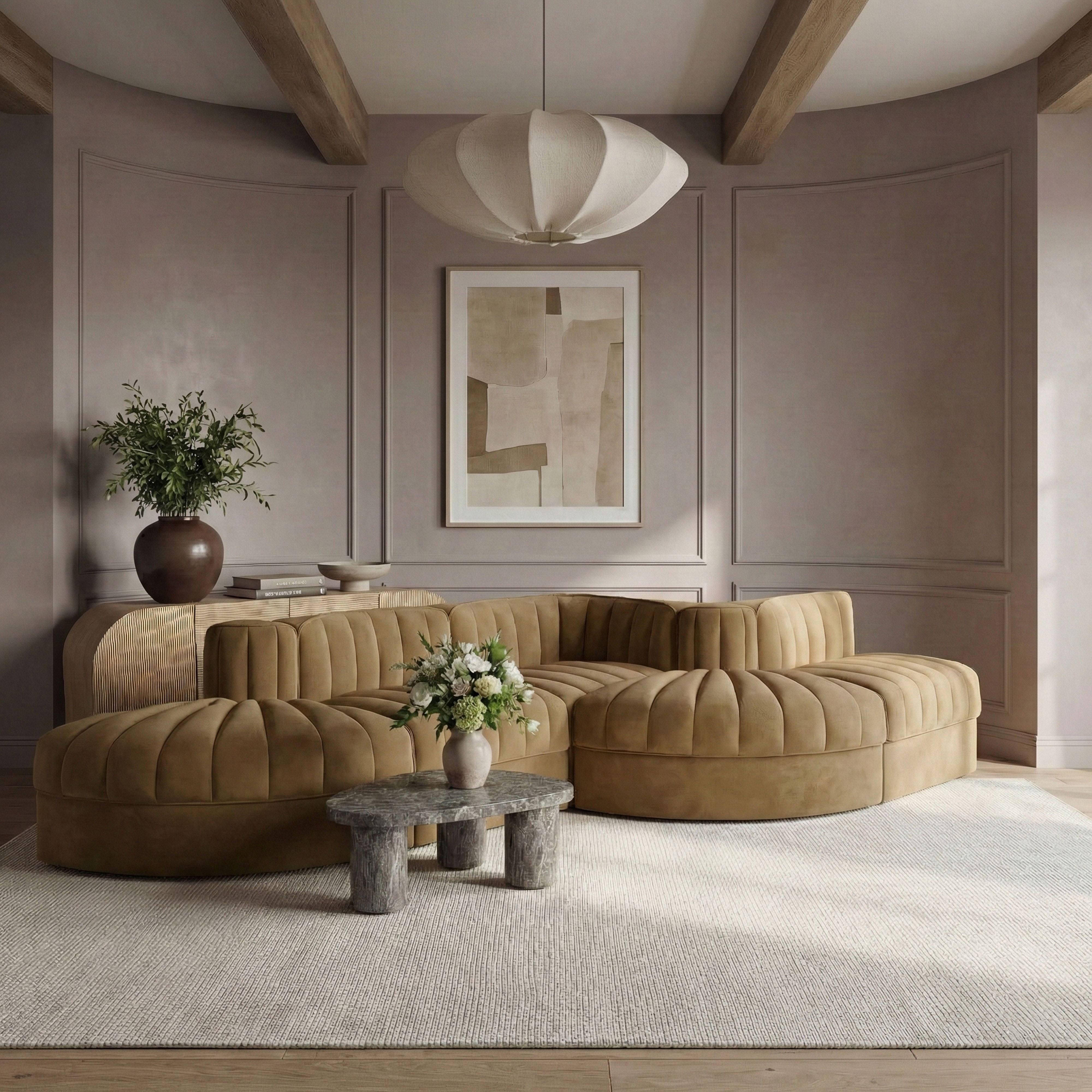 Rummi - Rounded Velvet Performance Fabric Upholstered 5 Piece Modular Sectional - Saddle