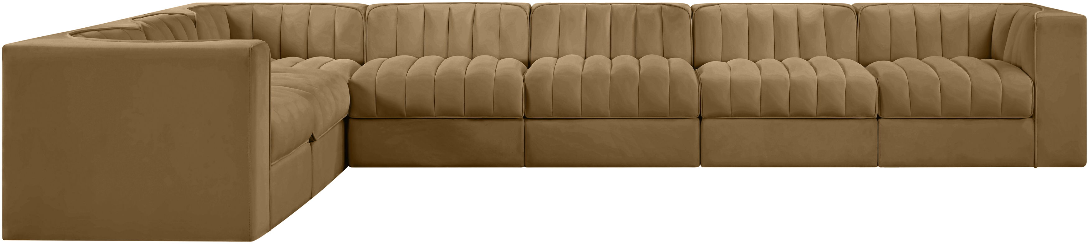 Rummi - Velvet Performance Fabric Upholstered 7 Piece Modular Sectional (With 3 Corner Chairs) - Saddle