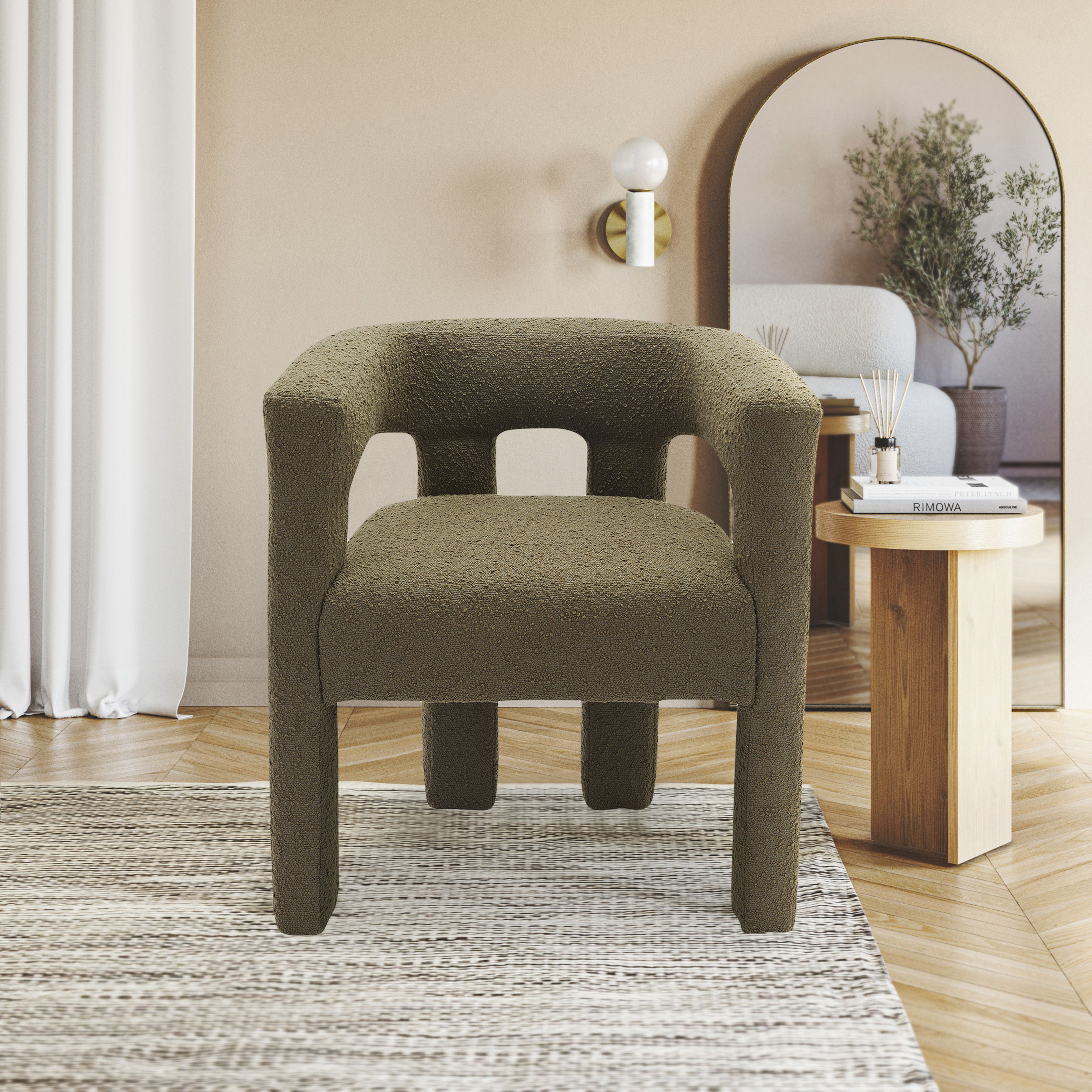 Athena - Boucle Fabric Dining Chair - Olive Green