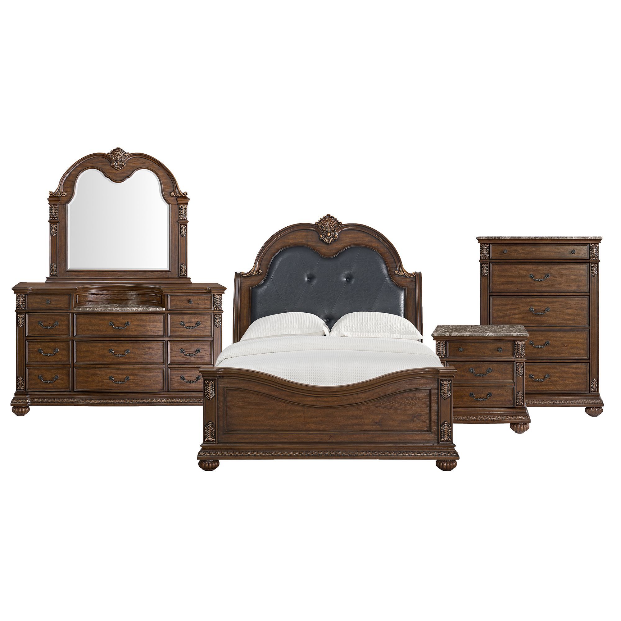Queen · 5 Pc · Bedroom Set With Black PU