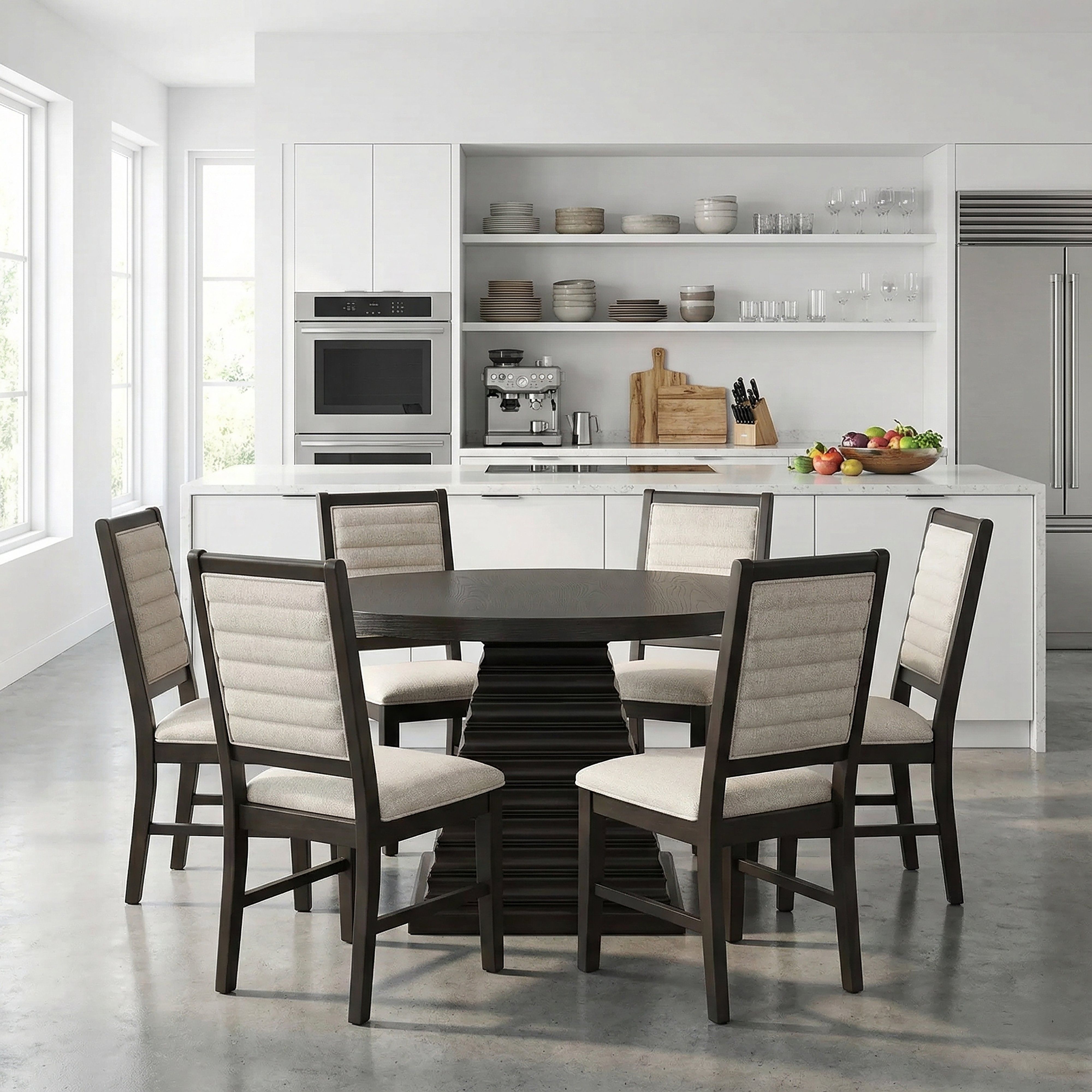 Plateau - 54" Round Dining Table And 6 Chairs - Dark Brown / Beige
