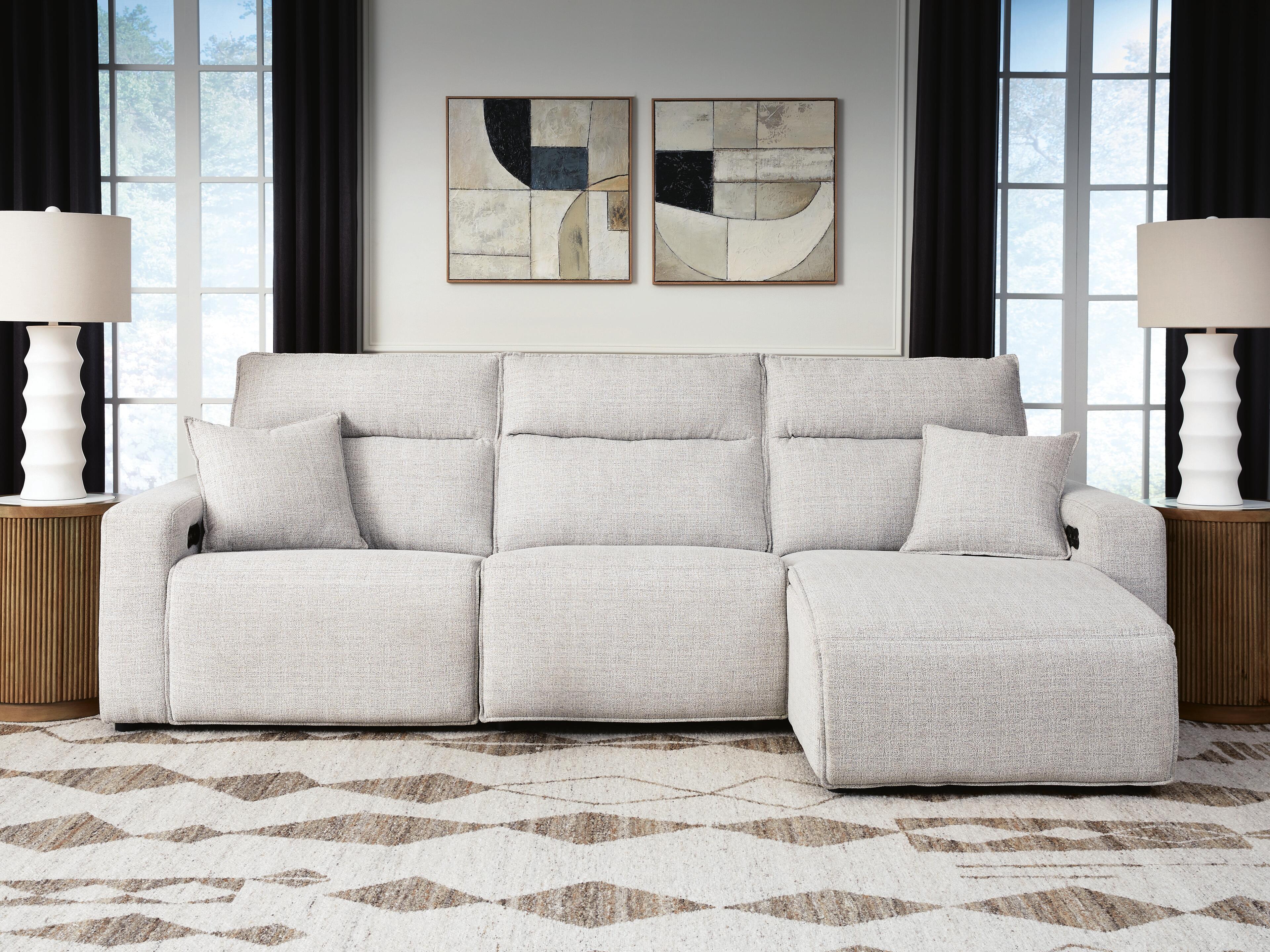 Modmax II – 3-Piece Power Reclining Sofa With RAF Press Back Power Chaise – Stone