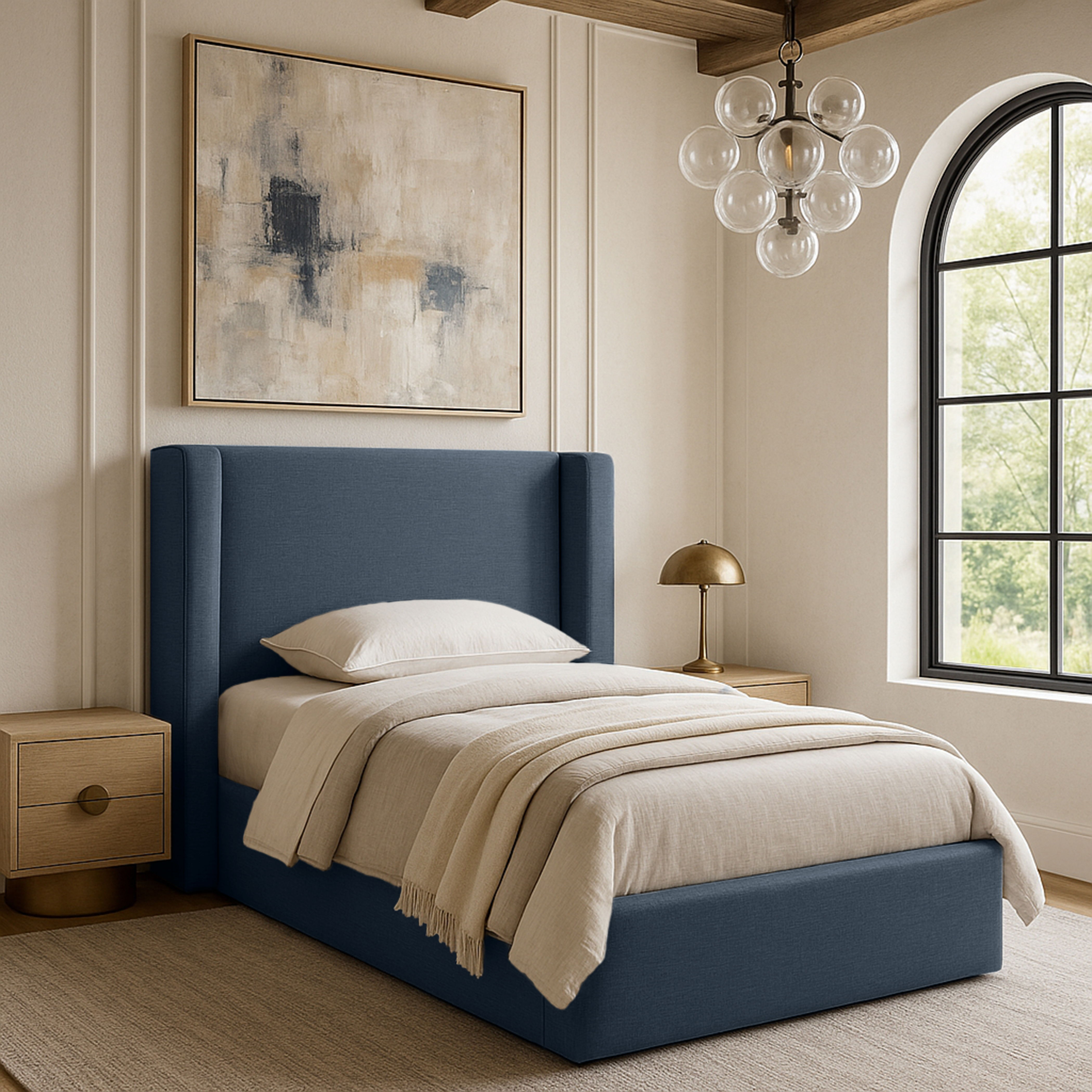 Kendall - Linen Textured Fabric Upholstered Twin Bed - Navy