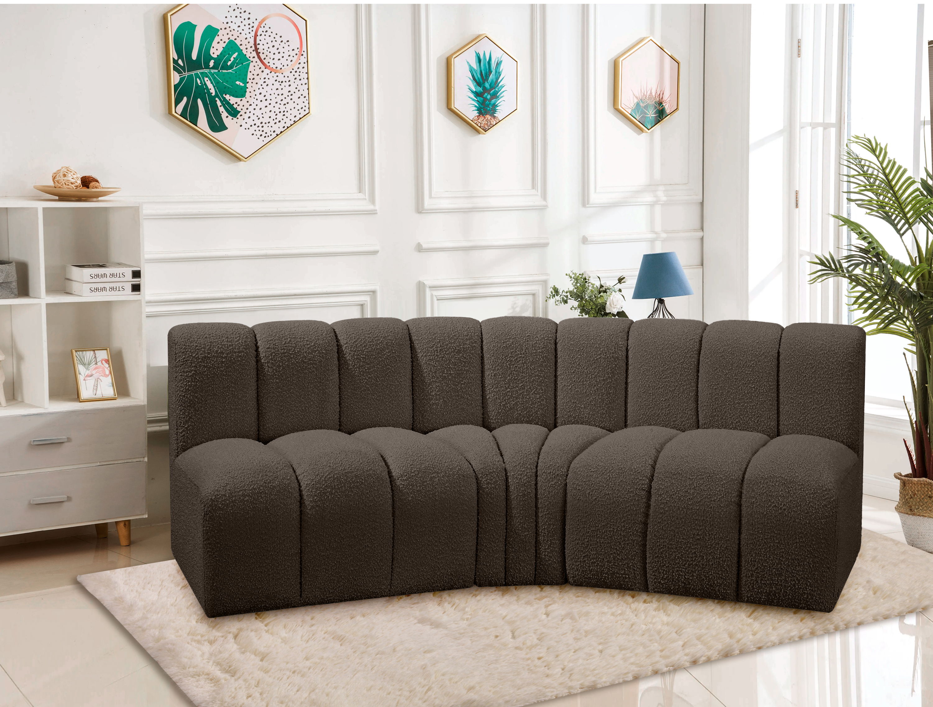 Arc - Boucle Fabric 3 Piece Modular Corner Sofa - Brown