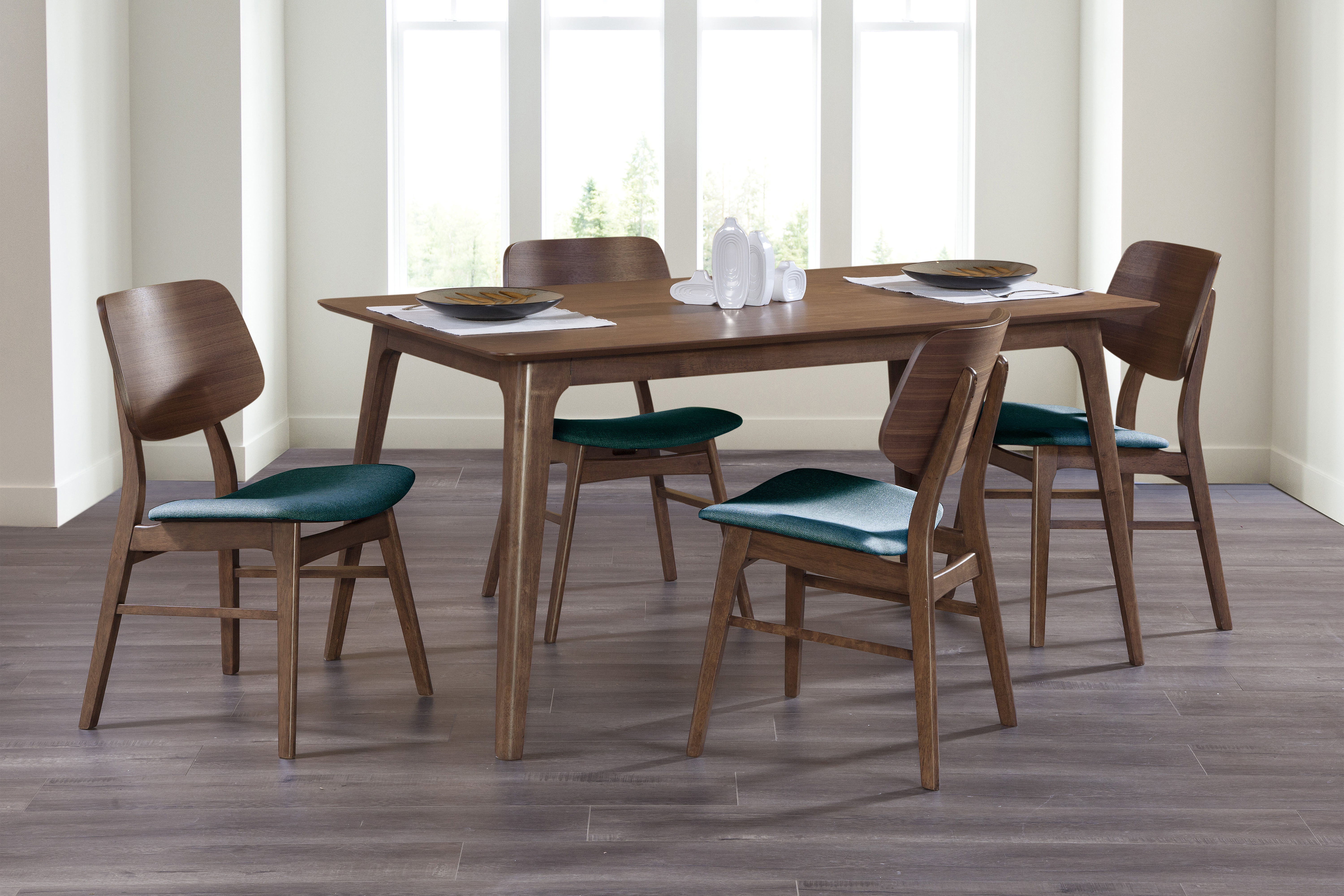 Oscar - 60" Dining Walnut Table With 4 Teal Cushion Chairs - Brow
