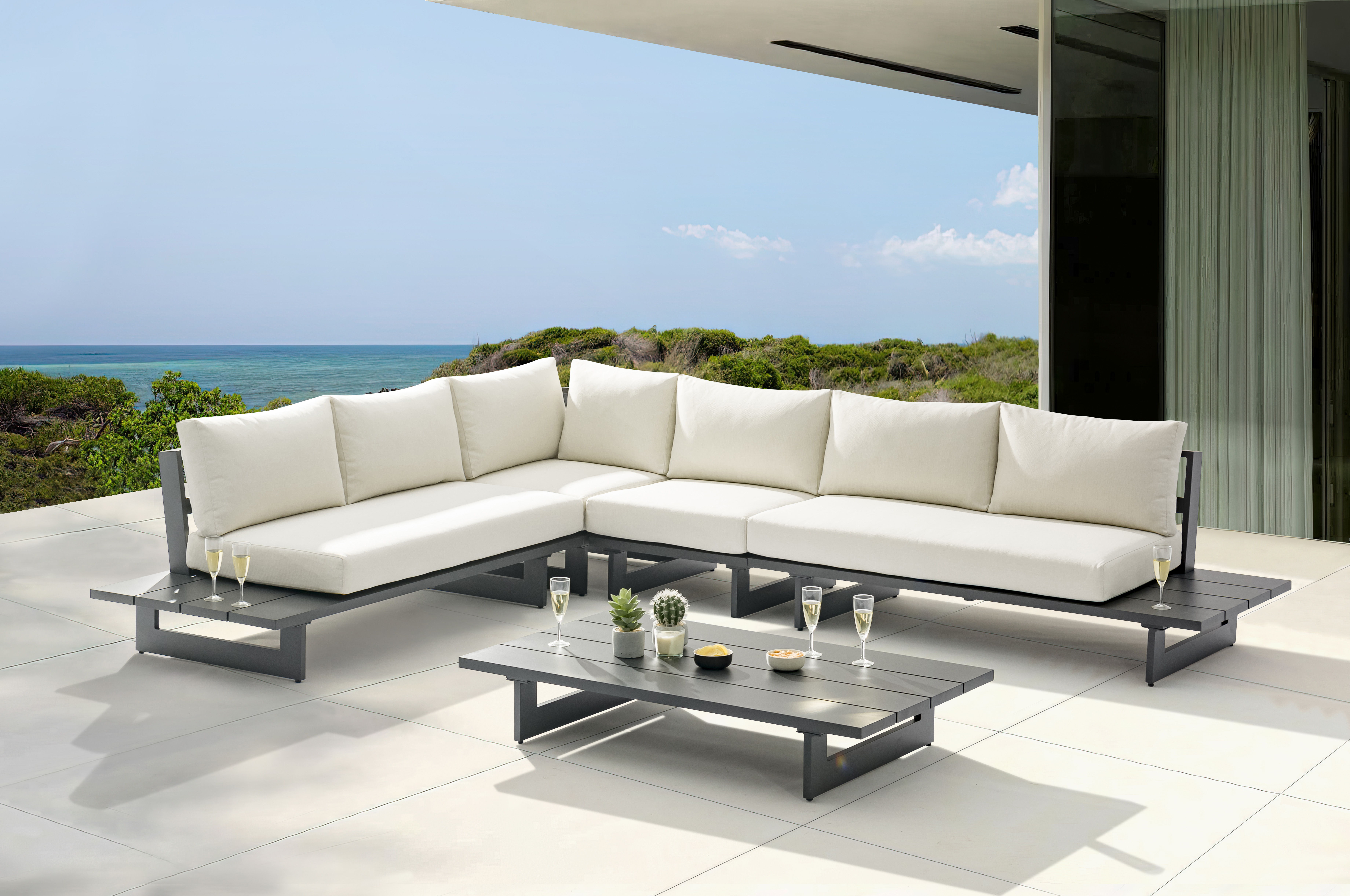 Maldives - 4 Piece Water Resistant Outdoor Patio Modular Left Arm Facing Sectional With Gray Base - Cream